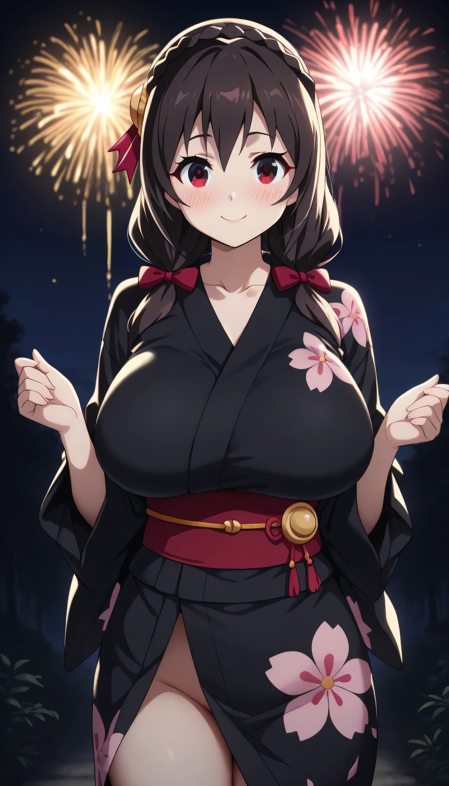 Give your images flat even illumination (negative) or dramatic chiaroscuro lighting (positive). Huge breast,  1girl, , , fireworks, japanese_clothes, solo, , smile, , , , , kimono, no_panties, sash, , , looking_at_viewer, night, blush, outdoors, obi, asymmetrical_bangs, floral_print, bangs, w_arms, , sky, yukata, , thighs, cowboy_shot, collarbone, groin, standing, hands_up, night_sky, black_kimono,yunyun, black hair, hair ornament, red eyes, bow, braid, crown braid,