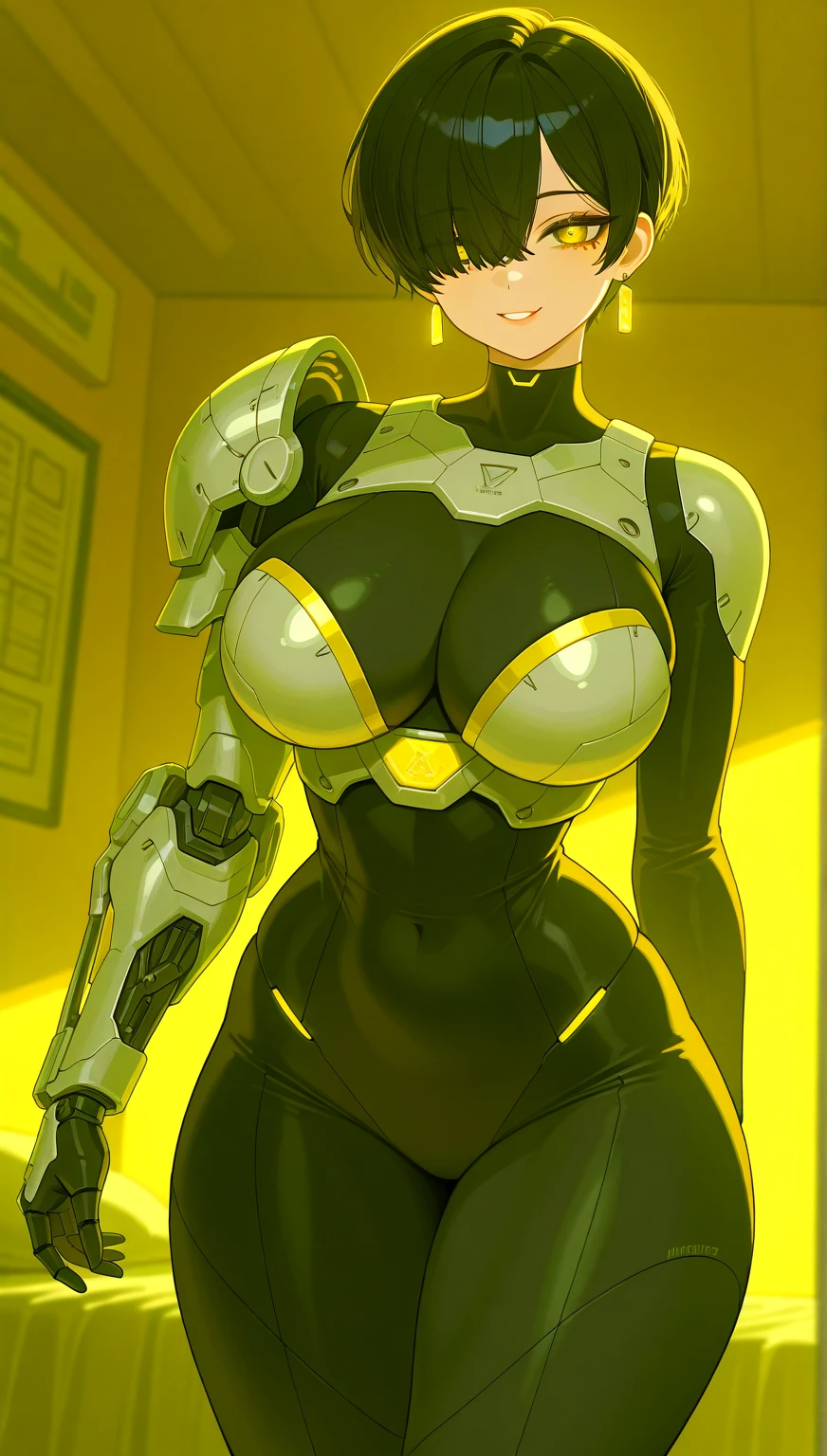 Military green translucent armor,Arm mecha,light blue short hair,Braided hairstyle,Large Breasts,Cleavage,Pistol hanging from waist,fighter pilot,fighter hangar,Sexy,Lipstick,miss,Golden Eyes,stockings,Short skirt,Smile