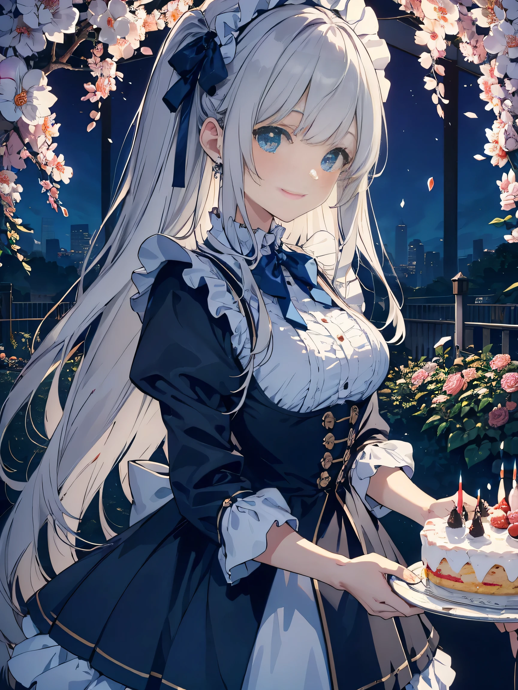 (score_9, score_8_up, score_7_up), source_Anime, absurd_res, white, blue, black, 1girl, solo, upper body, super fine illustration, an extremely delicate and beautiful, best quality, masterpiece, 8K, celebration setting, long silver hair:1.3, two side up:1.2, blue eyes, hair ribbon with blue, french maid uniform, maid headdress, open clothes, white frilled chichi-bukuro, deep royal blue neck bow with ruby jewelry, ample breasts, open clotch, smile:1.3, happy:1.3, Joyful:1.3, embarrassed reaction, have a Whole cake:1.3, looking viewers, dynamic pose, contrapposto pose, soft fabric movement, fluttering petals, standing by the victorian garden with flowers, beautiful detailed sky, warm and bright atmosphere, soft lighting, delicate color palette, detailed clothing folds, flowing hair, lively Walpurgis night vibe, highly detailed rendering, breathtaking composition,
