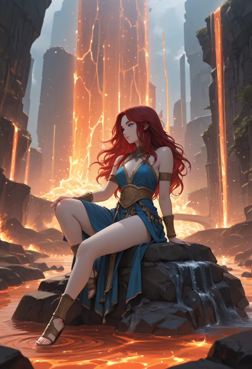 Create an image that depicts the encounter between Máterum the Primordial and the goddesses Lésnar and Réslar emerging from the fog of Hungu². Máterum, an imposing and divine figure, curiously observes the goddesses, who possess divine features, delicate bodies and small pairs of breasts. The goddesses have beautiful black eyes, straight red hair, and display charming freckles. The image should convey the mixture of curiosity, fear and fascination in this encounter. The setting should reflect the grandeur of the planet, with the fog enveloping the scene. Add elements that refer to the energy of the planets and stars. Highlight the expressions of the goddesses, revealing their shyness and discomfort before the powerful Máterum. The image should convey a magical and mysterious atmosphere, with details that highlight the importance of this encounter for the narrative. --auto --s2