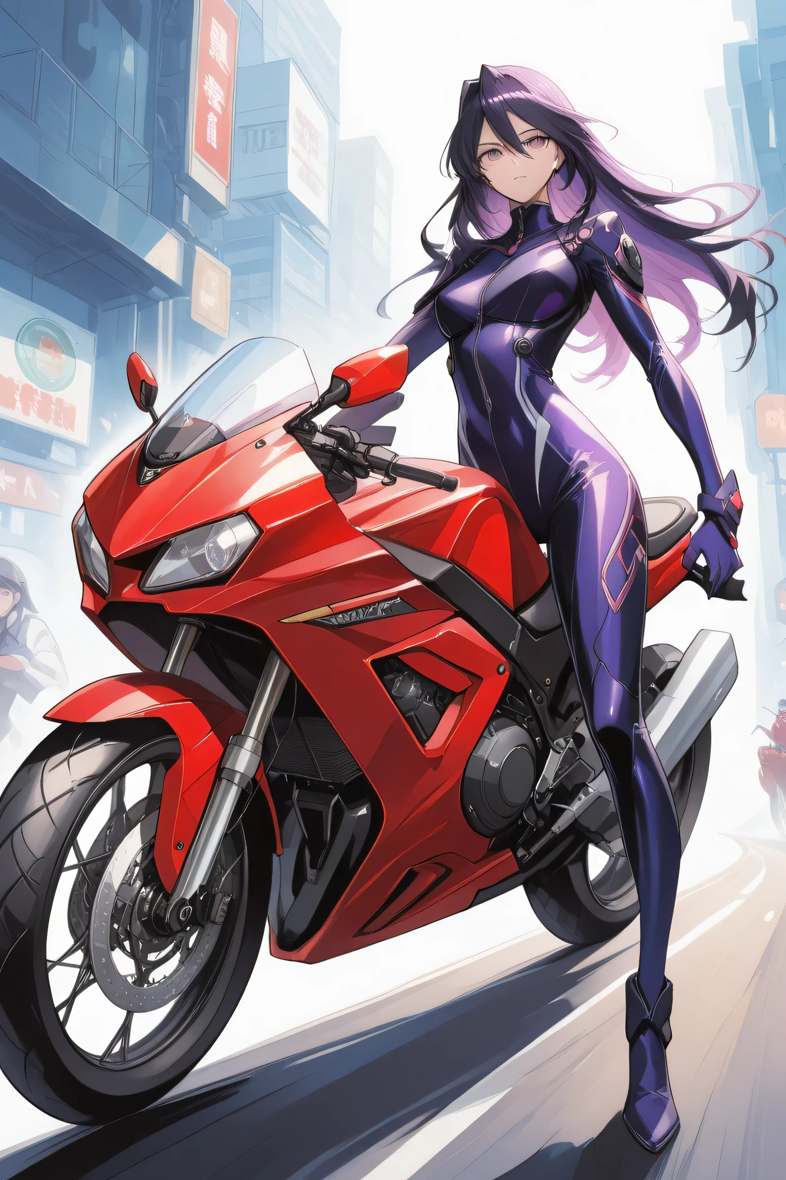 Highest Quality, masterpiece, delicate anime style illustration,Midnight Highway、Wearing a purple rider suit、I'm driving a big red motorcycle Kawasaki Ninjia。