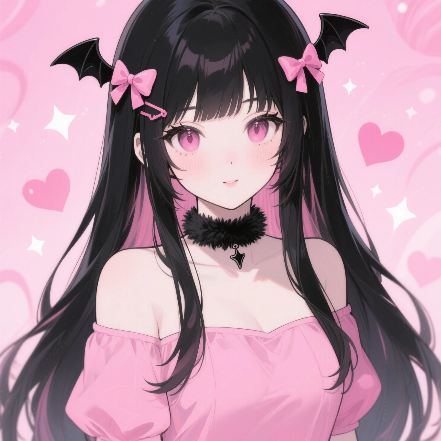 Draculaura has pale pink skin, pale purple eyes, and long black hair with pink streaks. Her hair would be seen a lot in pigtails, but she can wear it in a single ponytail, a beehive, or even hanging loose. Many of her physical features nod to her vampire heritage, such as pointed ears, fangs, and pale skin with a pink tint and a small pink heart right under her left eye. Her fashion motifs are vampire fangs, hearts, ribbons and bows, the color pink, and bat wings. Her makeup consists of deep pink lipstick and a line of pink eyeshadow on the crease. Draculaura also has grey lower lashes and earrings that resemble sky-blue bat wings. Her outfit consists of a pink and black dress with a black collar and a black skirt top. She also has pink and black sneakers with sky-blue laces.