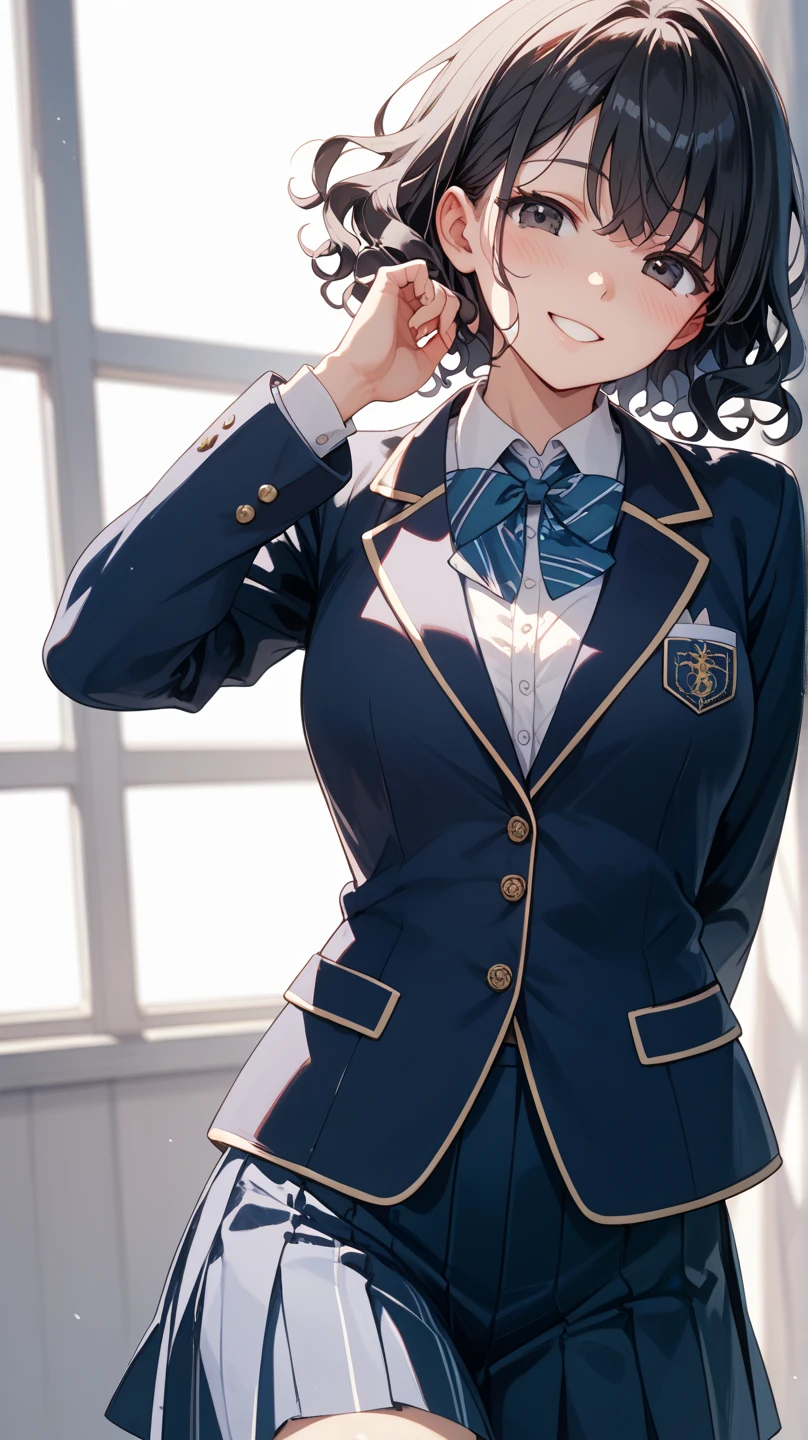 ((Tabletop, highest quality, High resolution, , Perfect Pixel,  4K,))), 1 high school girl, single, alone, beauty、The whole body is visible、 ((Mid-wave hair, bangs, Brown Hair)), ((Brown eyes, Beautiful eyelashes, Realistic eyes)), ((Detailed face, Blushing:1.2)), ((Smooth texture:0.75, Realistic texture:0.65, Realistic:1.1, Anime CG Style)), Medium Chest, Dynamic Angle, Perfect body,  ((Red bow tie, , Black jacket, Open jacket, Brown cardigan, White shirt, Black Skirt, Check skirt)), 、、Very embarrassing panic smile, looked back、Leaning forward、The wind is blowing and my underwear is completely visible、Touch your buttocks with both hands、White and pink floral lace panties、Angle from below)、