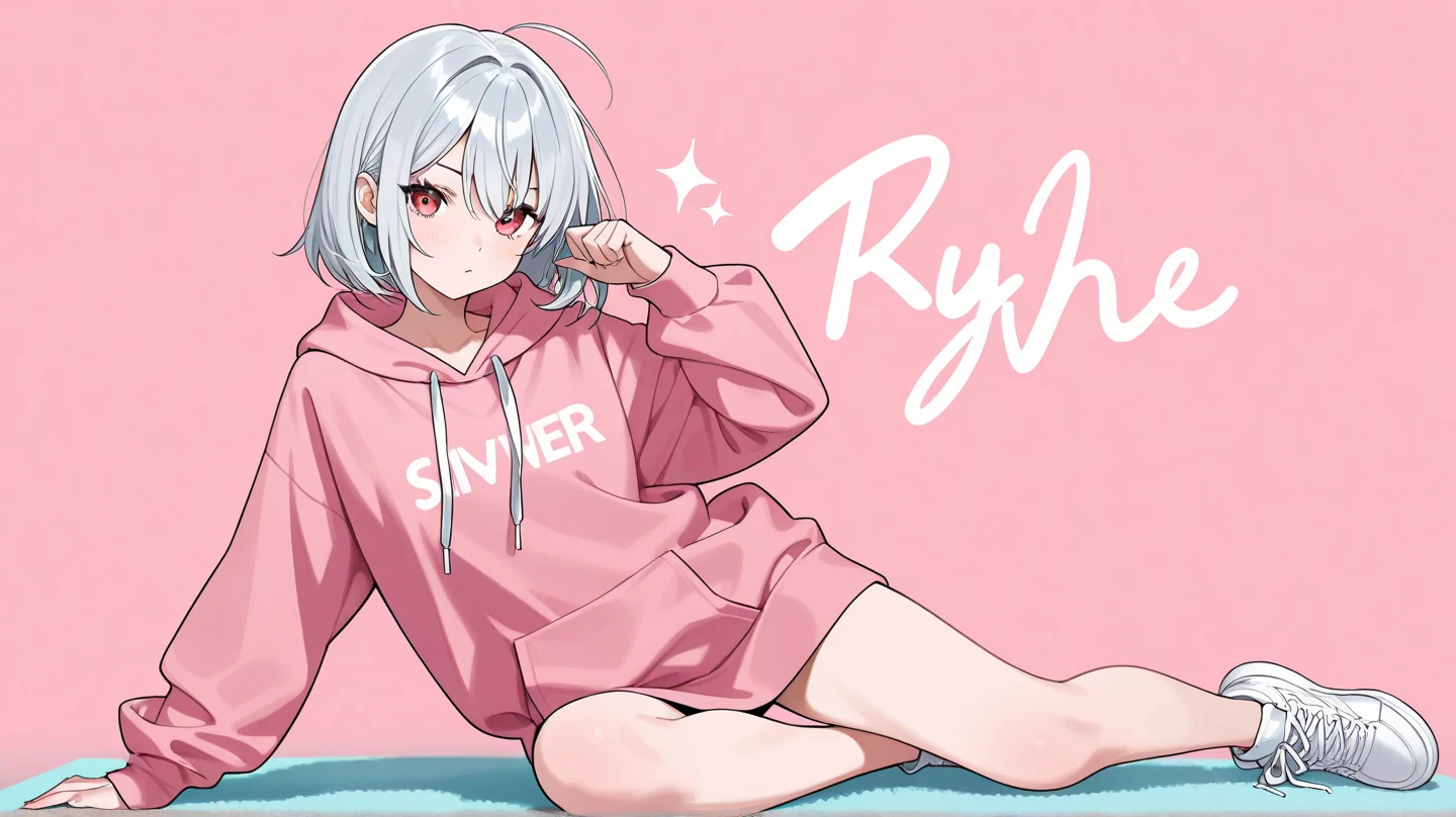 White-haired girl with a red streak wearing a short outfit sitting with her legs slightly open