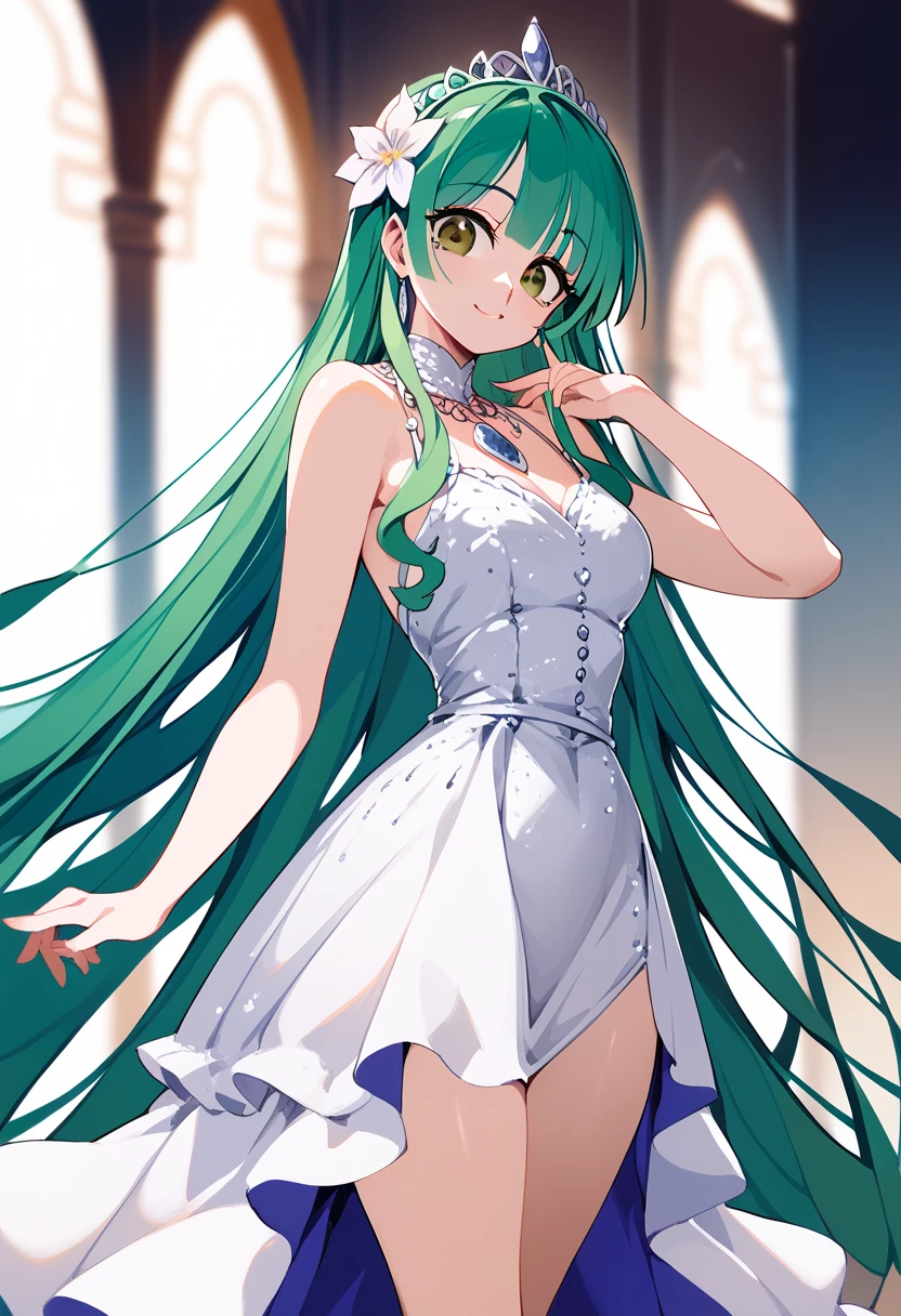Girl
Blue eyes, dark dark green hair
Voluminous dark green hair
Straight long hair
Powerful gaze, leaning eyes, looking at you
Dresses like Emilia from “Re:Zero kara Hajimari no Isekai Seikatsu
White armor dress
White with a purple one-pointed pattern on the side
Large white cape
Purple hairpin
Standing in a dark room
Focus on face
Fresh smile

Focus on the face

Big droopy eyes

Blue eyes
Cute expression