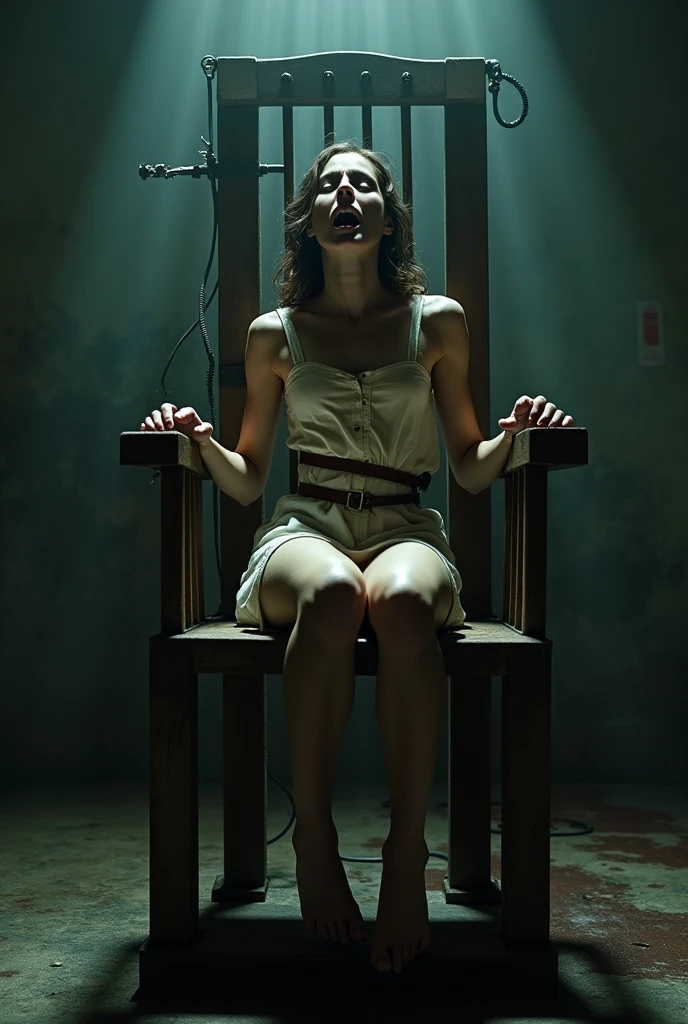 electric chair girl spread legs bathed in light