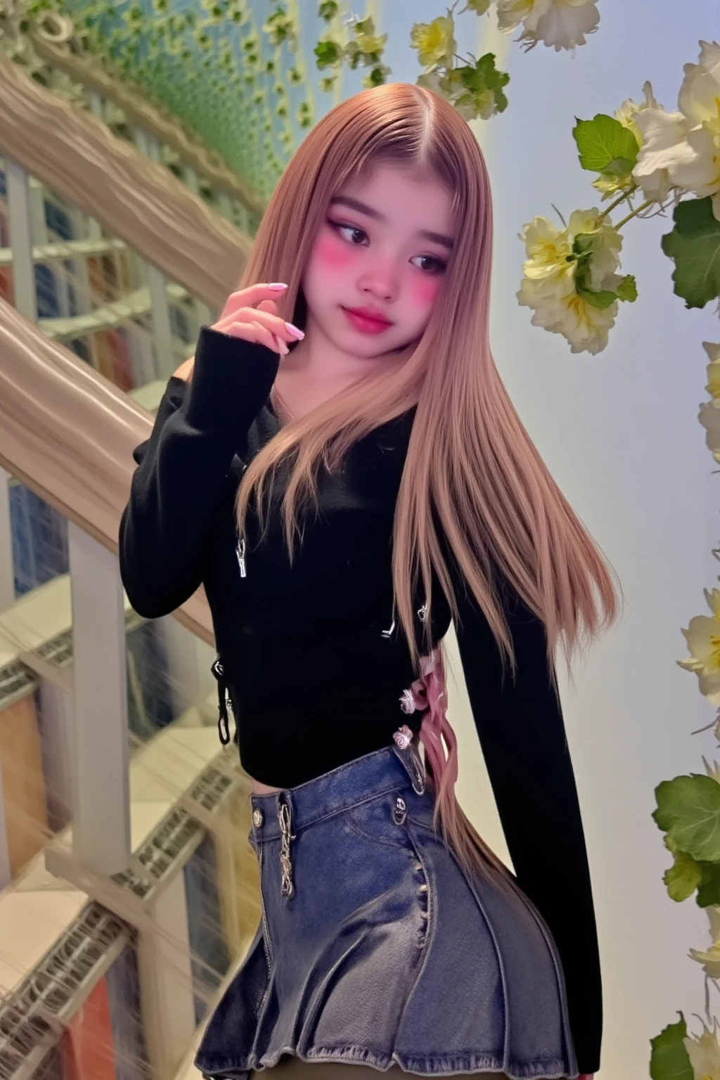 Very cute face、smile、11歳girl、Fluffy long hair、Beautiful legs、Beautiful body、Thin legs、White skin、Black T-shirt、Black mini skirt、白いパンティ少し見えている、