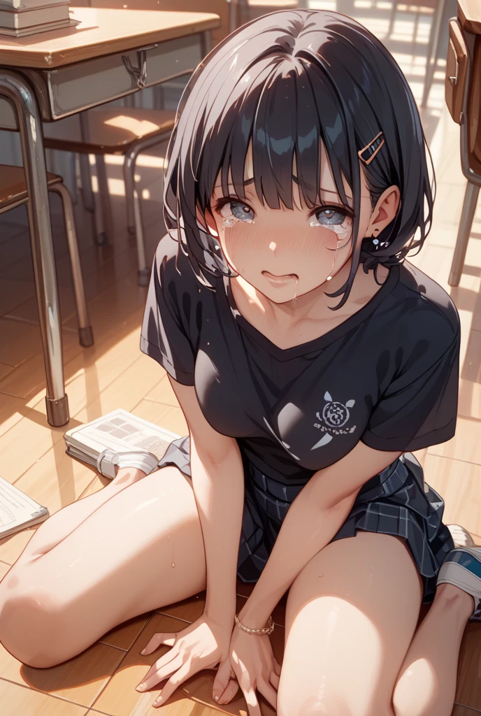 Frame In, Face and body from the front, View from the front, Upper Body, high quality, Very high resolution, high quality, Very high resolution, pretty girl, Brown Hair, amount, Blunt bangs, Bobcut, blush, Raked up bangs, Wearing a plain T-shirt, upright, Pleated skirt, Work Desk, Sit in a work chair, smile, Leaning forward, At the office、masterpiece、Best image quality、最high quality、Good looking girl , (cryin, Perfect Face) , independent , masterpiece, Anime art style, Cute Characters, Most detailed, high quality、(((blush, cry)))、(missionary, 1boy, penis, lying, vaginal, pov, spread legs, sex, nsfw)、nose blush、steam、Shiny Hair、Very fine and beautiful bright eyes、Very detailed, clear and beautiful face, Awards, Anatomically correct、((missionary position,man on top, spread legs))、((Scared))