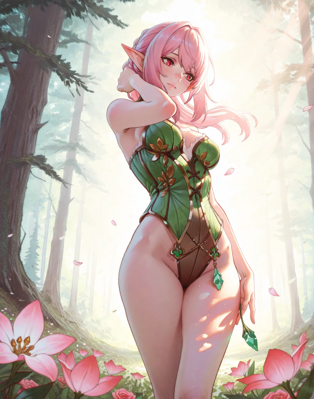 create a full-body female Genshin Impact character, with medium hair down to the waist in pink, skin fair, green eyes mixed with purple, her clothes at the top are a dark green bodysuit along with a semi-decorated dress in green and white., part of the dress covers the shoulders but half leaves the front uncovered, showing the dark green bodysuit, she is from the dendro element