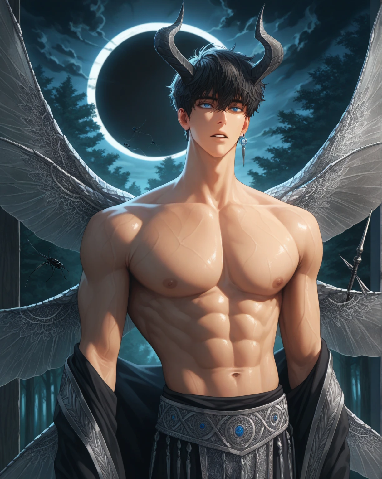 8k, 8k high quality, stand alone, Man sitting on porch, muscular, shirt, topless, big boobs, woman's breasts, brown hair, red eyes, winged, black way, overcast background, horned, devilish, perfect, highly detailed , detailed hand , Serious facial expression, swollen pants, arm tattoo, blood tattoo, 1 hand behind, licking lips, 1 hand touching chest, full body photo, tall , young, sexy, scary, gloomy ,Big wings, devil way,uncensored, 8k uhd, (hyper realistic), (photo realistic), (masterpiece), (best quality), (1boy), (solo), (erotic:1.2), (finely detailed face),(highres:1.4), (intricate details:1.4), RAW, best quality, ultra res, photorealistic, high resolution skin texture , (ulzzang-6500-v1:0.4), (PureErosFace_V1:0.1)(RAW photo, best quality), (realistic, photo-realistic:1.3), stand alone, Man sitting on porch, muscular, shirt, topless, big boobs, woman's breasts, brown hair, red eyes, winged, black way, overcast background, horned, devilish, perfect, highly detailed , detailed hand , Serious facial expression, swollen pants, arm tattoo, blood tattoo, 1 hand behind, licking lips, 1 hand touching chest, full body photo, tall , young, sexy, scary, gloomy ,Dark cave background, bats, blood, snakes,