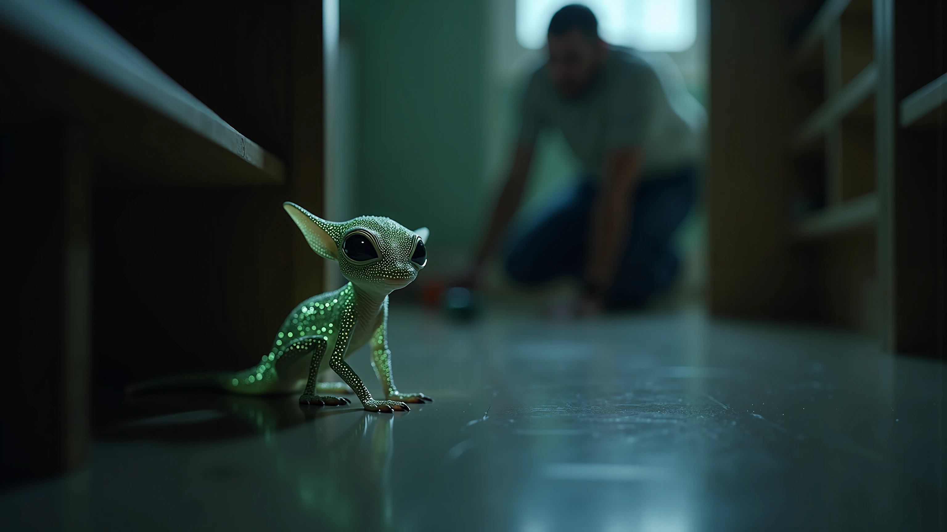 Capture a cinematic close-up of a small extraterrestrial creature blending seamlessly into the surroundings, its unique features allowing it to remain undetected. The alien, with chameleon-like textures and faintly glowing bioluminescent patterns, is hidden in plain sight—perhaps camouflaged as part of an ordinary household object or nestled in a corner. The background shows a blurred human figure engaged in daily activities, unaware of the alien’s presence. The dramatic lighting highlights the intricate details of the alien’s form while maintaining the soft focus on the human in the distance. Rendered in ultra-high resolution, with sharp foreground focus, balanced colors, and a rich, cinematic atmosphere, the scene evokes mystery and intrigue, blending realism with fantasy seamlessly.