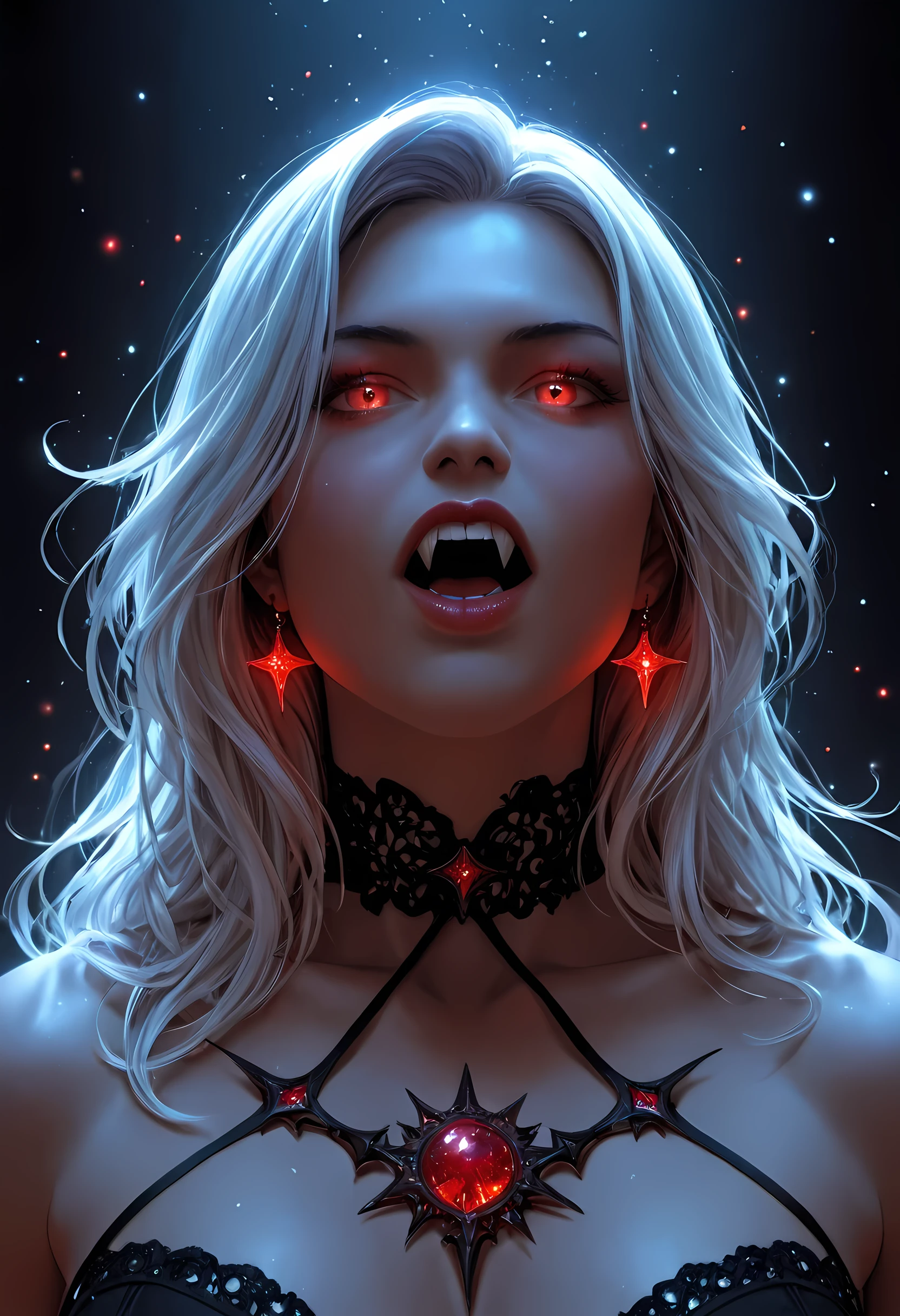 a portrait of a young female vampire looking up into the infinite stars in the night sky the stars are reflected in her eyes, a beautiful mature female vampire, dynamic hair color, dynamic skin complexion, wearing dynamic dress, looking into the stars, the stars are reflected in her red eyes, night sky, many, many shining stars, various colors stars,  vibrant, Ultra-high resolution, High Contrast, (masterpiece), highest quality, Best aesthetics), best details, best quality, highres, 16k, [ultra detailed], masterpiece, best quality, (extremely detailed), glowing,ember, fantasy, fflix_ufantasy, vampire, fangs