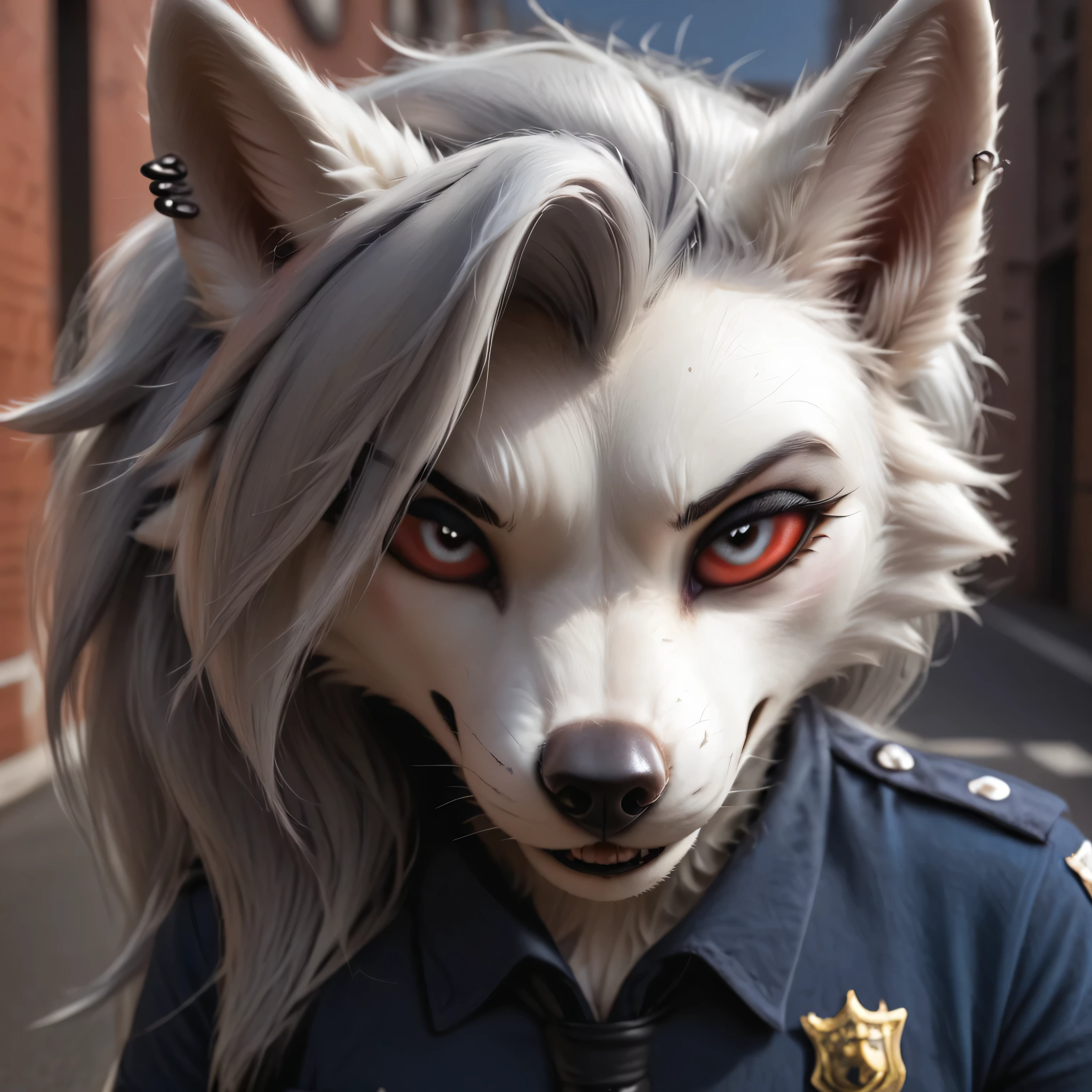 Loona, furry female, (detailed), view of the viewer, fluffy tail, solo, 1 girl, cute-looking, embarrassed looking, ((clear structural details)), detailed realism, slim, soft, excellent quality, high details, (seductive), detailed fur, ((police outfit)), outdoors, infront of a police car, Hyperrealistic, photorealistic, realistic, ultrarealistic, high definition, detailed fur, highres, super high resolution, 8k,