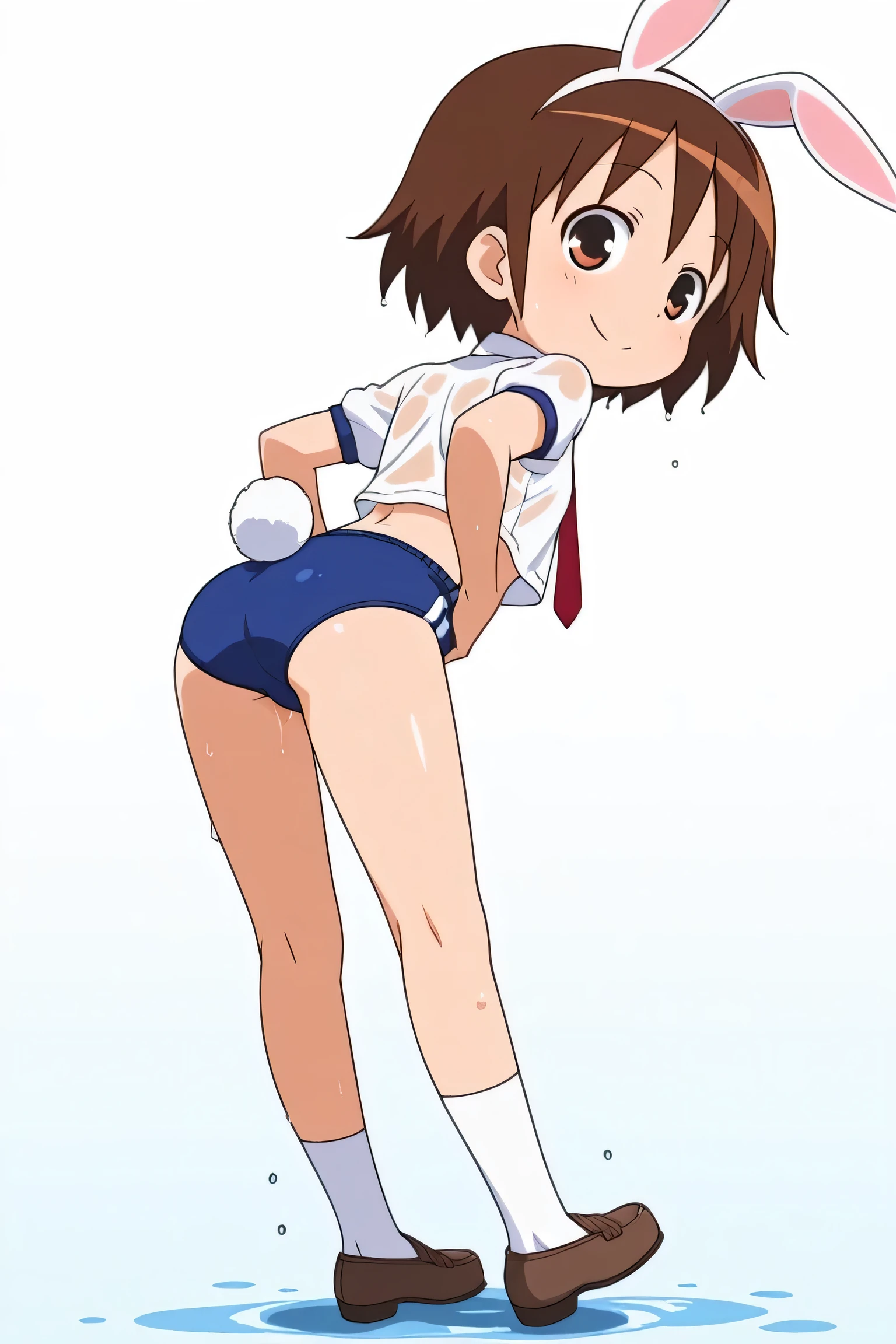 Masterpiece, best quality, 80's anime style,solo , Hanayo Koizumi,purple eyes,blush, smile, skirt, from behind, sleeveless, pleated skirt, looking back, serafuku, grey skirt, uranohoshi ,beach, thighs, skindentation , V , midriff , standing , slightly bent over