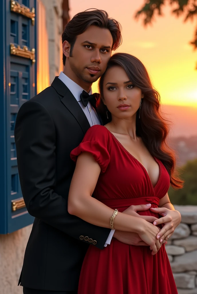Create a realistic photograph of a smiling and beautiful indian actress in red satin carrying a large man on her shoulders in a room, man is sitting on top of her shoulders , man on top, woman at bottom , she is bending down 