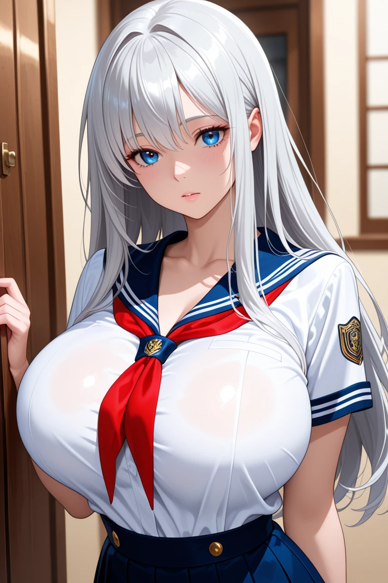 1girl, solo, rating:safe, breasts, blush, cleavage, striped, large_breasts, red_eyes, upper_body, twintails, short_sleeves, long_hair, collarbone, looking_at_viewer, vertical_stripes, striped_shirt, ribbon, grey_hair, :o