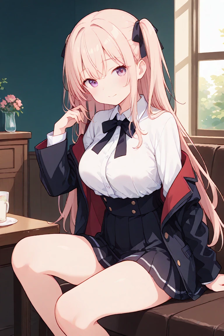 (Masterpiece: 1. 2), (Top quality: 1. 2), Anime girl, One, Blonde hair, Hair clip on right side of forelock, Black cap, Wine red eyes, White female shirt, Brand grey blazer, Small red ribbon across chest, Office clothes, One size larger shirt, Checked priss skirt, Black tights, tights with fine detail, full body, large breasts, front view, alone, bruised and super cute