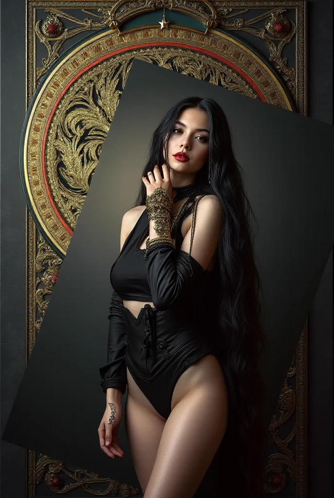 beautiful 18 year old turkish woman, slim, large breasts, wide hips, lustful, film grain, jewelry, tattoos, black dress, elegant, looking at viewer, wavy grey hair, perfect makeup, masterpiece