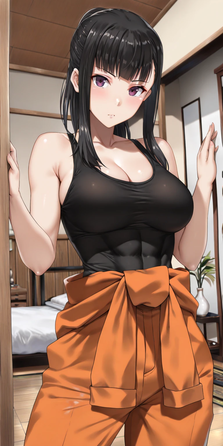 masterpiece,highest quality,Super detailed,best shadow,yuigahama, hair between eyes, orange hair, long hair,straight hair,let your hair down, girl１name,big breasts,１with people,
soft expression, eyebrow_soft, smile , T-shirt,shorts,stylish pose, stylish angle,looking at the viewer, in the center of the image,(beautiful_big breasts:1.2), (beautiful_face:1.3),(slim_waist),(beautiful_thighs:1.4),