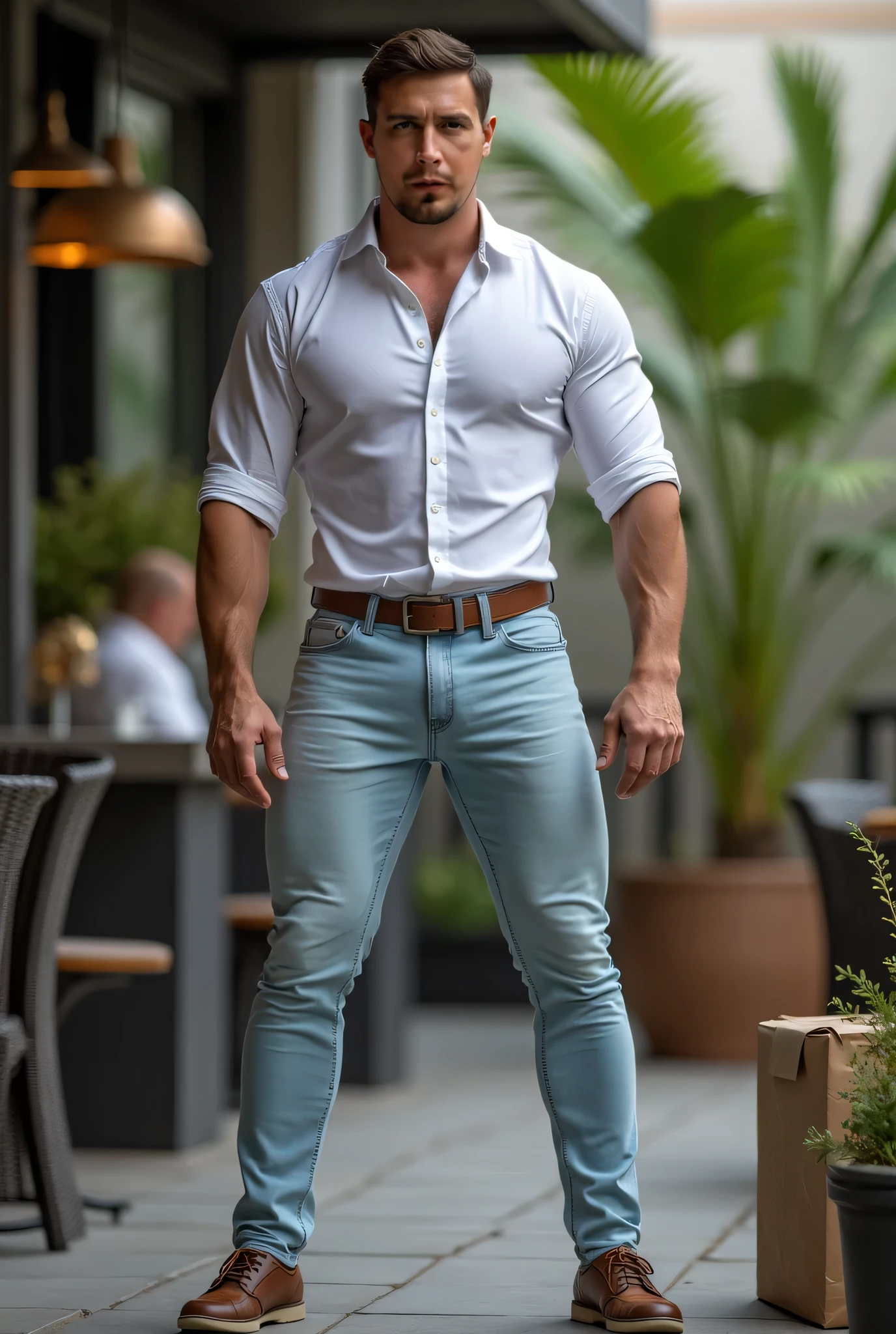 beautiful castles and palaces, a man asian age 25, perfect muscles, wearing casual shirt with open buttons, showing chest and stomach, and trousers, model pose, model photos, full body, fashionable, very high quality, very high resolution,