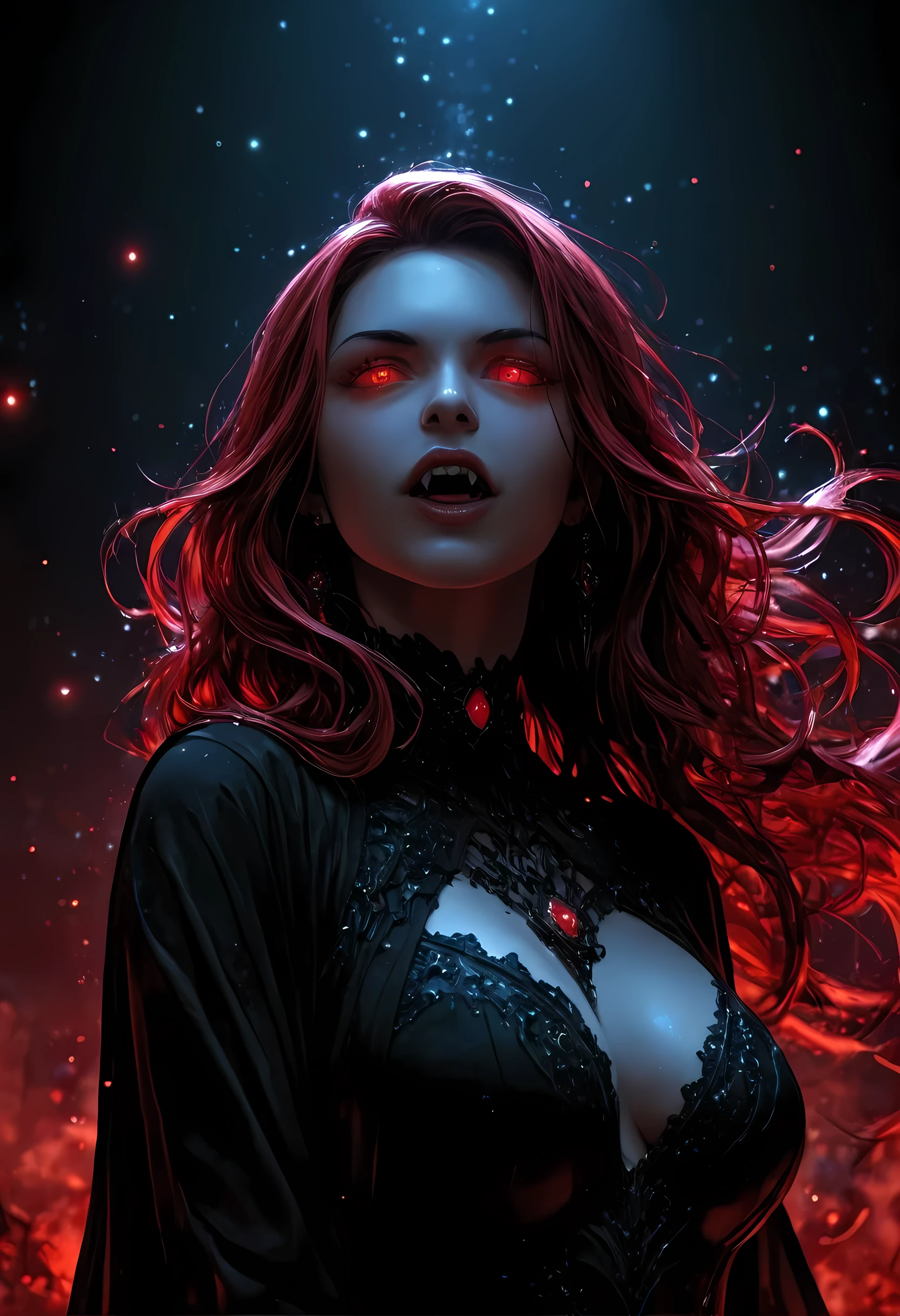 1girl, detailed face, beautiful detailed eyes, beautiful detailed lips, extremely detailed face and eyes, long eyelashes, red eyes, fire witch, blood on face, flying hair, cleavage, light particles, lightning rays, colorful, high contrast, vampire, smirk, evil smile, psychopathic smirk, psychopathic smile, tilted head, dark fantasy, dramatic lighting, supernatural, moody, cinematic, vibrant colors, volumetric lighting, dramatic atmosphere, intricate details, masterpiece, best quality, 8k, high resolution, hyper detailed, photorealistic, navel