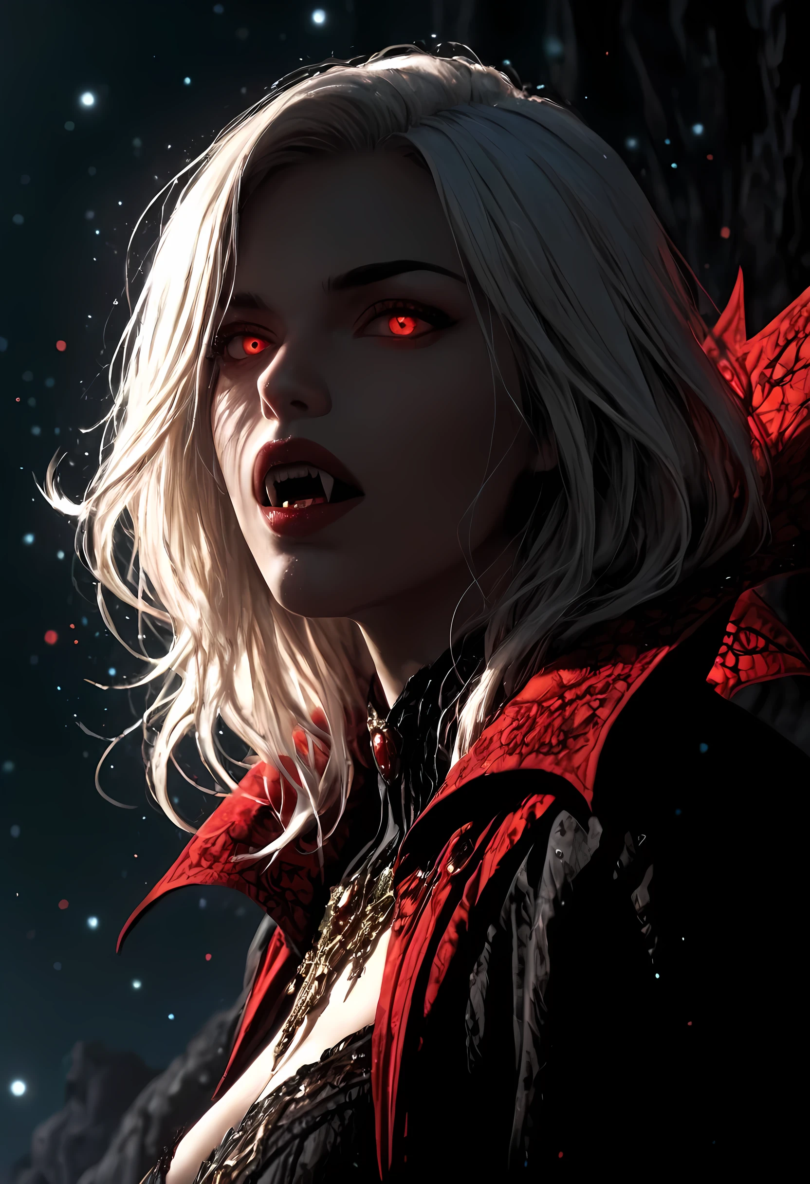 a portrait of a young female vampire looking up into the infinite stars in the night sky the stars are reflected in her eyes, a beautiful mature female vampire, dynamic hair color, dynamic skin complexion, wearing dynamic dress, looking into the stars, the stars are reflected in her red eyes, night sky, many, many shining stars, various colors stars,  vibrant, Ultra-high resolution, High Contrast, (masterpiece), highest quality, Best aesthetics), best details, best quality, highres, 16k, [ultra detailed], masterpiece, best quality, (extremely detailed), glowing,ember, fantasy, fflix_ufantasy, vampire, fangs,  glowing, ember