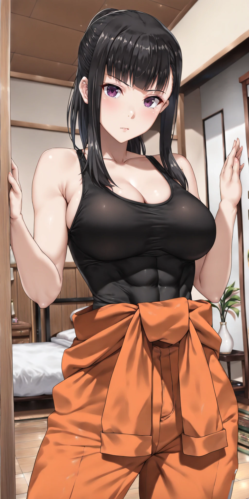 front view, 1 girl - Maki Oze from Fire Force, adult female, mature adult, long hair,
dark brown hair,
ponytail,
purple eyes,
fit,
black crop tight tank top,
orange pants,
orange jumpsuit,
orange jacket around waist, soft light, high detailed, best quality, D Cup Breasts, D Cup large breasts, tall slender body, tall slender legs, defined abs, toned body, ultra detailed, highres, best quality, traditional japanese home, traditional japanese bedroom, wooden walls, semirealistic, cowboy shot, looking at viewer, sexy waist, sexy hips, sexy figure, curvy figure, slight cleavage, masterpiece, best quality, very aesthetic, absurdres, masterpiece, exquisite quality, highest quality, masterpiece, highest quality, (alone), Textured skin, absurdes, High resolution, best quality, highres, ((((highest quality)))), (((Ultra-precision CG 16K))), (((masterpiece))), (((Very detailed))), (((Extremely detailed))), Maximum clarity and sharpness, Surface Shading, Cinematic lighting, Beautiful details ,Perfect Proportions, accurate, Anatomically correct, Highly detailed face and skin texture, Highly detailed facial and skin texture, Detailed eyes, beautiful hair, Beautiful, Beautiful and beautiful eyes, Beautiful body, Beautiful thighs, Beautiful legs, Beautiful fingers , ((Beautiful Skin)),
