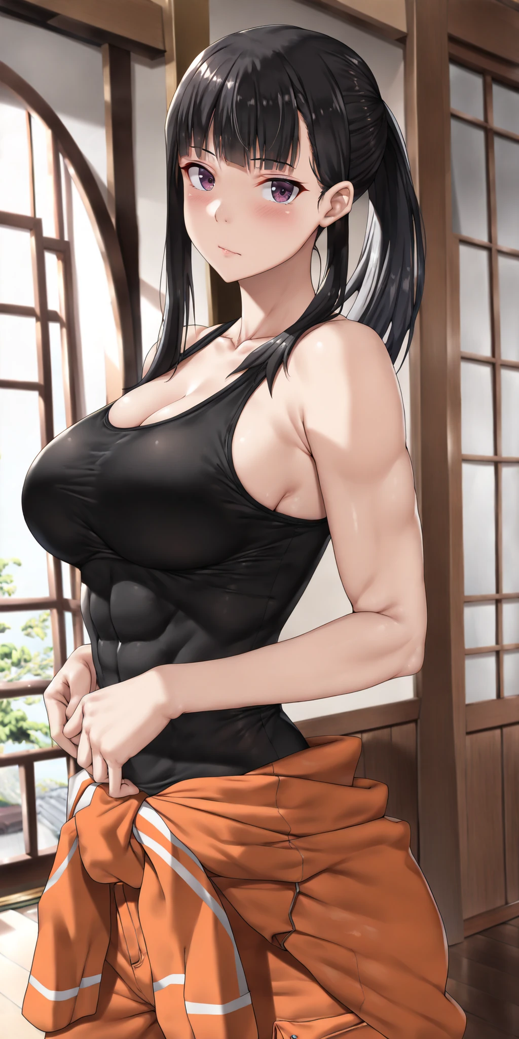 front view, 1 girl - Maki Oze from Fire Force, adult female, mature adult, long hair,
dark brown hair,
ponytail,
purple eyes,
fit,
black crop tight tank top,
orange pants,
orange jumpsuit,
orange jacket around waist, soft light, high detailed, best quality, D Cup Breasts, D Cup large breasts, tall slender body, tall slender legs, defined abs, toned body, ultra detailed, highres, best quality, traditional japanese home, traditional japanese bedroom, wooden walls, semirealistic, cowboy shot, looking at viewer, sexy waist, sexy hips, sexy figure, curvy figure, slight cleavage, masterpiece, best quality, very aesthetic, absurdres, masterpiece, exquisite quality, highest quality, masterpiece, highest quality, (alone), Textured skin, absurdes, High resolution, best quality, highres, ((((highest quality)))), (((Ultra-precision CG 16K))), (((masterpiece))), (((Very detailed))), (((Extremely detailed))), Maximum clarity and sharpness, Surface Shading, Cinematic lighting, Beautiful details ,Perfect Proportions, accurate, Anatomically correct, Highly detailed face and skin texture, Highly detailed facial and skin texture, Detailed eyes, beautiful hair, Beautiful, Beautiful and beautiful eyes, Beautiful body, Beautiful thighs, Beautiful legs, Beautiful fingers , ((Beautiful Skin)),