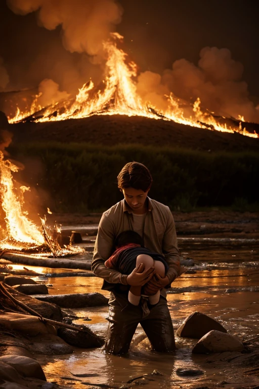 hyper realistic photography man sobbing screaming head tilted upwards, holding bloody deceased child, holding child in arms, child wrapped in white cloth blood stained, gloomy background, buildings ruined, fire and smoke,