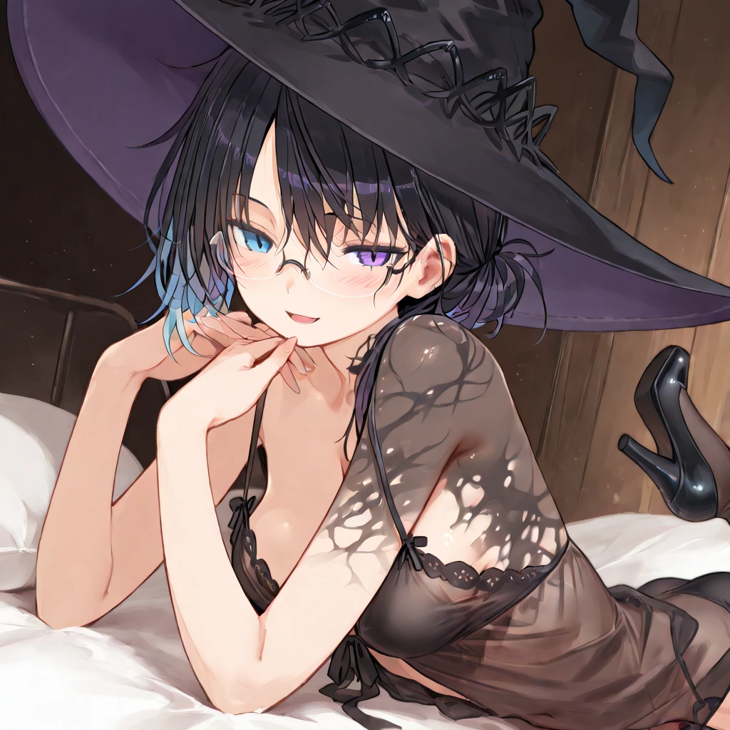 This is a Japanese hot spring inn.、I will take pictures of them sleeping、It's late at night now.、She was a 27-year-old woman with small breasts and loose, fluffy pure white short hair.、One is a 31-year-old woman with small breasts and dark blue-purple lob hair.、The two of them are sleeping naked on the futon.、She wears a large black witch hat with sapphire accessories、Dark blue-purple medium short hair with white mesh and loose lob hair、Blue eyes with highlights、she is sleeping naked、She doesn't wear anything、she isn't wearing anything、She's naked、naked woman、small tits、discreet breasts、Her nipples are visible、You can see her female genitalia、You can see her clitoris、I can see her pubic hair、A fragile smile、hiquality、High Details、high-level image quality、4K picture quality、drawn by Japanese ilastrator