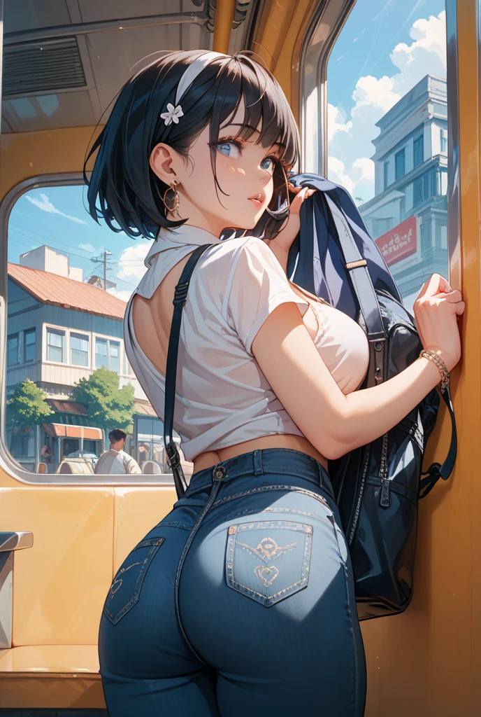 Best image quality, bus, A lot of strangers, White underwear, Molester, Show your ass, Embarrassed face, solo, woman, Black Hair, Bob Hair