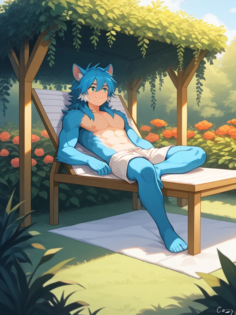 solo person,musculature,Blue body,White belly,Sit sideways on the bay window,Look out the window,Black shorts,white short sleeve,Wear a black bracelet,Wolf ears,Wolf tail,Side face