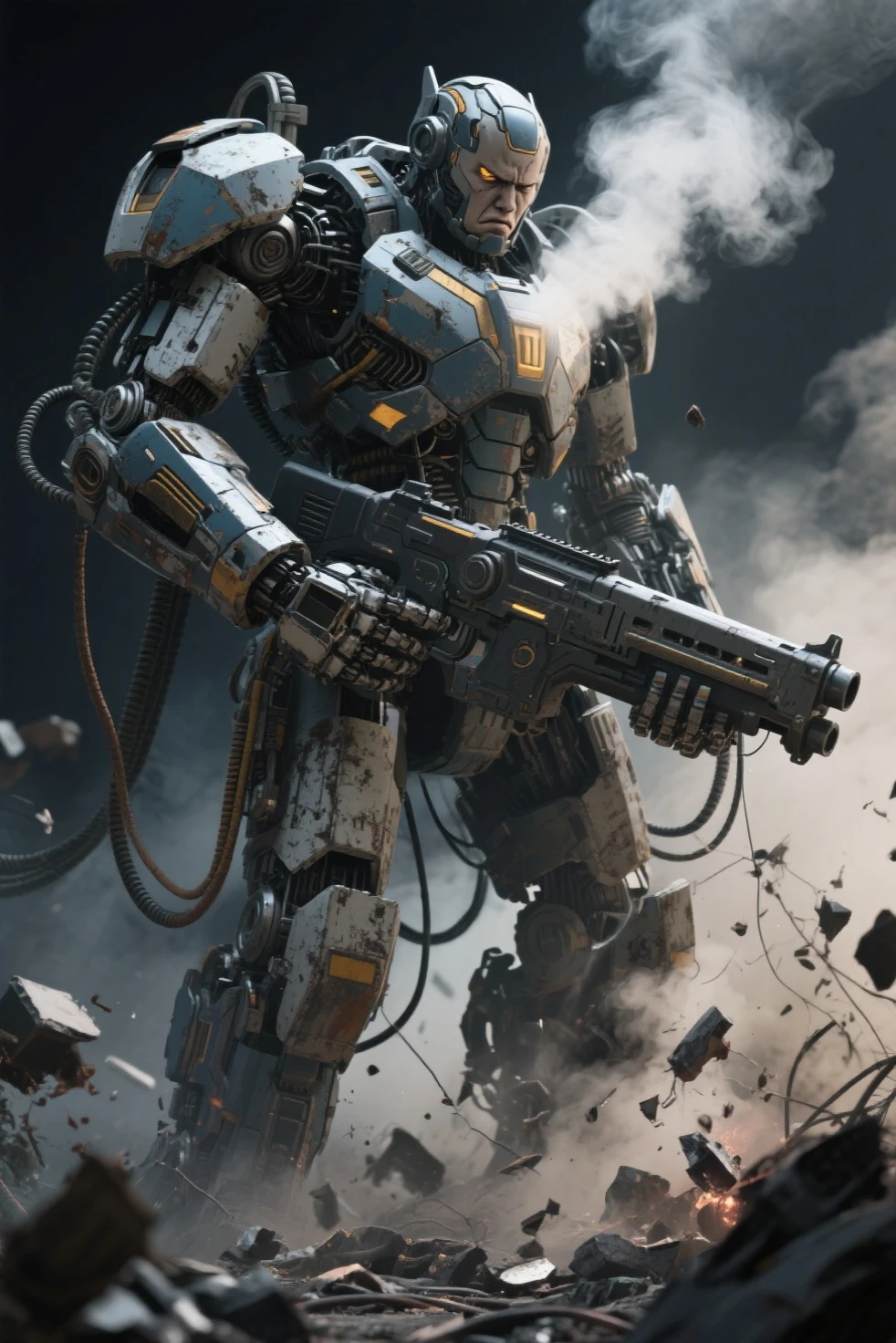 Super powerful robot, giant, Impressive armor, fancy, futuristic, without an arm, Worn armor, tired face, determined, Large weapon,  mass destruction , parts of the robot destroyed, smoke coming out, broken cables , Determined pose, lethal look.