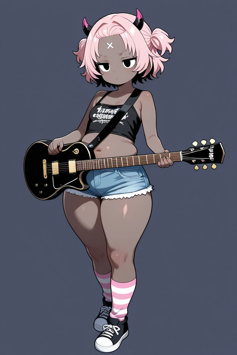 Really embarrassed tomboy girl, with short gray curly  hair, brown skin and  glasses, in sexy pink micro bikini  , full body, Covering her body with a Electric guitar 