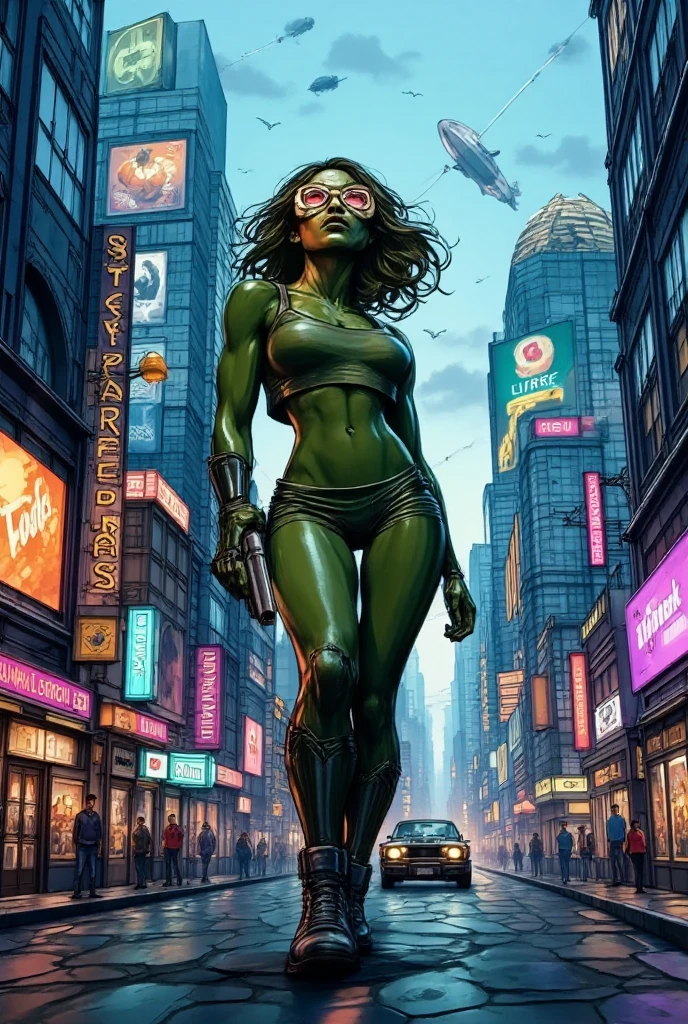 Anime style, Full Body, Beautiful supervillain woman with earth controlling powers. Her costume is a one piece that covers her top half leaving her legs exposed, Brown and green color scheme plays well with her medium length walnut hair and piercing gray eyes. Calf high boots complete the look.  She is creating a fissure in the middle of New York City threatening to sink it into the earth. An evil smirk crosses her glossy black lips.