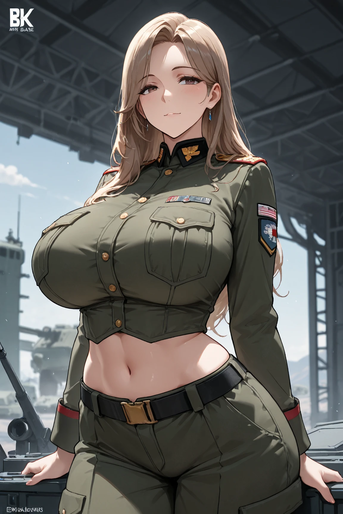 (UHD, retina, masterpiece, accurate, anatomically_correct, textured_skin, super_detail, high_details, high_quality, best_quality, high_res, 1080P, HD, 4K, 8k, 16k), (beautiful_detailed_eyes, beautiful_detailed_lips, extremely_detailed_eyes_and_face), soft_lighting, physically-based_rendering, vivid_colors, (large_breasts:1.5), (shiny_hair, shiny_skin, tanned_skin, blush), (bangs:1.5), eye_reflection, (bokeh, cockpit, science_fiction), semi-profile_view, smile_and_laugh, (military_cap, military_uniform, rank_insignia, gloves:1.5), salute,