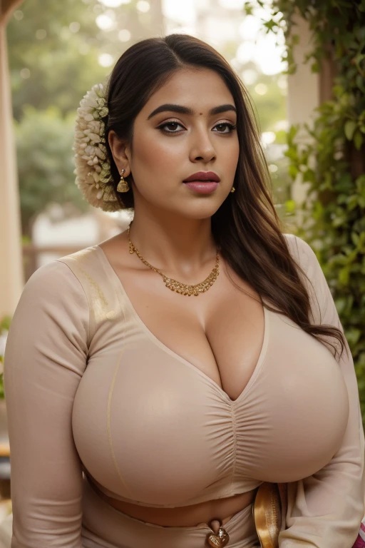 Masterpiece, RAW photo, best quality, photorealistic, extremely detailed CG unity 8k wallpaper, Depth of field, Cinematic Light, Lens Flare, Ray tracing, Imagine an Indian chubby girl with massive breast and deep cleavage, wearing wearing a bohemian-inspired ensemble that combines flowing fabrics, eclectic patterns, and layered accessories ((Bohemian dress)), choker, earrings, sexy girl, chubby figure, curvy, big lips, chubby hand and legs, beautiful face, sweet face , young girl, seductive , standing