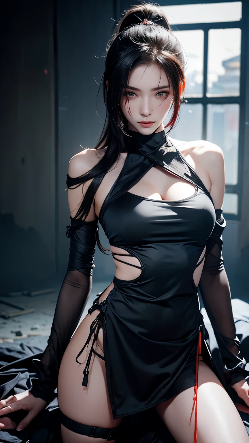 (Front Focus), (In the Dark: 1.6), Surrealist Female Portraits by David Hockney and Alphonse Mucha, Fantasy Art, Photo Realism, Dynamic Lighting, ArtStation, Poster, Volumetric Lighting, Very Detailed Faces, 4k, Award-Won, 1girl, In the Dark, Deep Shadow, Low Key, Big Breasts, Thin Waist, Plump Buttocks, Wearing a Clear Bra and Transparent Tight Shorts, Long Hair, Red Hair