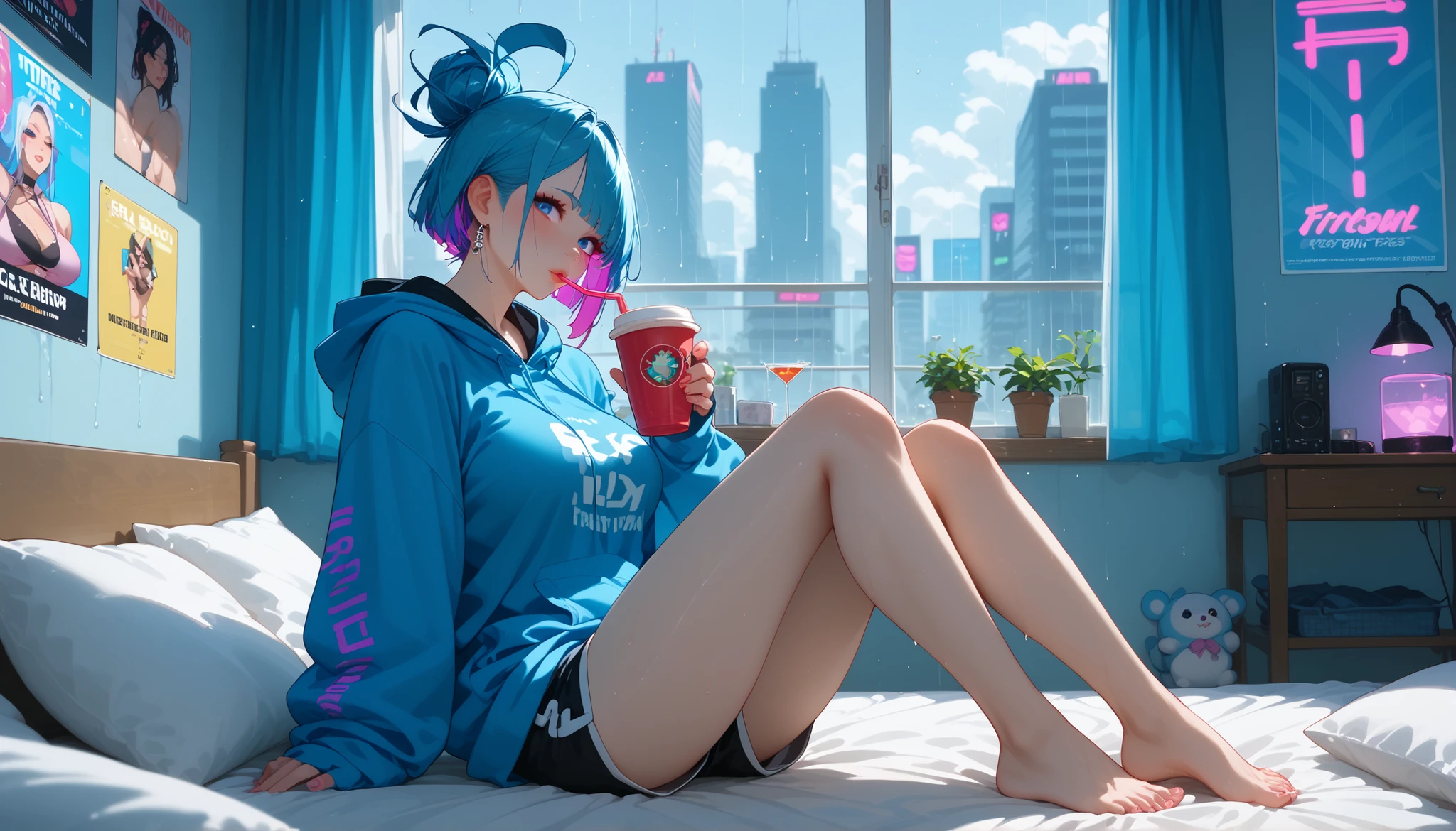 A girl with a nice body and nice breasts sits on a cozy bed surrounded by purple and blue neon lights, rain trickling on the large window beside her. She wears an oversized hoodie and shorts, sipping hot coffee, her perfect eyes glowing slightly in the neon haze. The aesthetic room is filled with tech, LED strips, and cyberpunk posters.