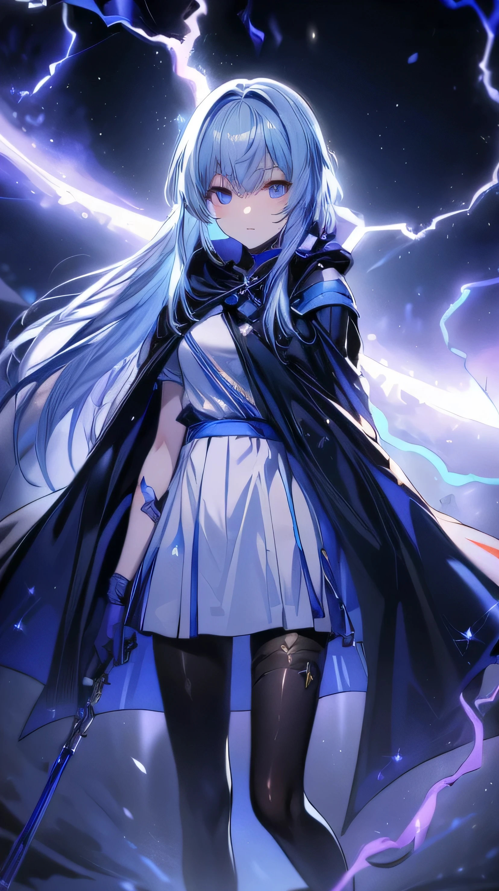 ((hired \(impact genshin\))))((masterpiece、8l、war photo、of the highest quality、Realistic painting style、Movie lighting、 Backlight )) medium chest、 big neckline ,A small piece of lateral breast is visible、Collants laser longueur cou、Une fille, seul,jambes longues、Jambes fines、style parfait、 long hair, Blue Hair, yeux violets,corne、clochette, Collant noir 80 deniers, removable sleeves, gants noirs, rideau pelvien、pose dynamique, Has a bow gun,(lune: 1.2), (lunelight: 1.1), starry sky, (hyperdetailed design: 1.1), thick fog、crystallineAI