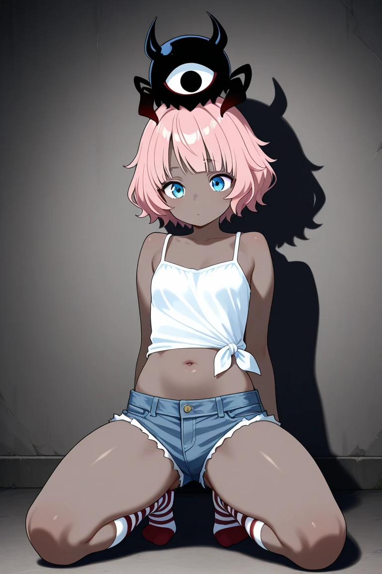 1 girl, high quality, (short hair), pink hair, forehead, blue eyes, medium breast,(straps on thighs:1.3), simple background, (stocking), (cameltoe:1.2),(sweaty:1.1), (nipples:0.8), (sexy pose:1.2), (shorts),