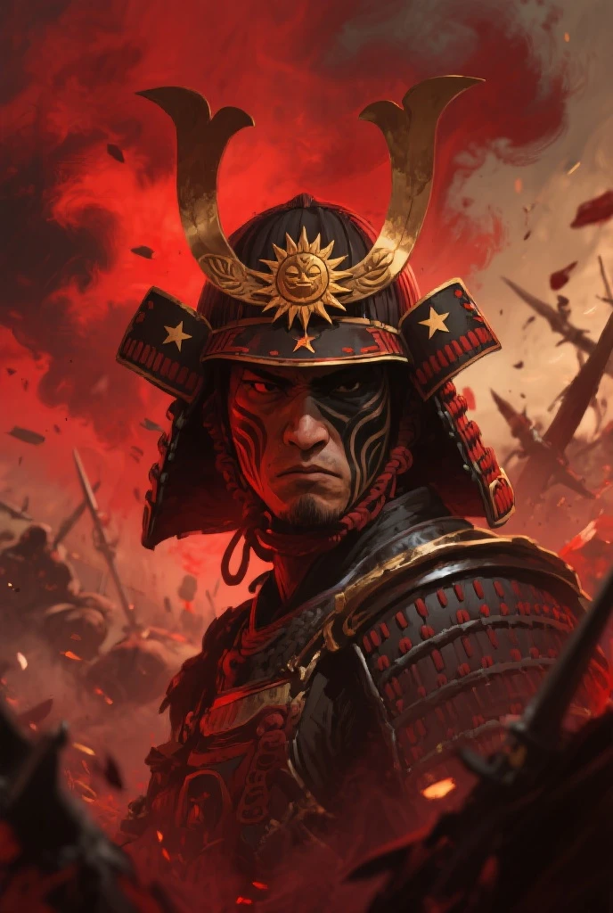 Wearing a helmet with horns、Takeda Shingen、Wearing intricately designed traditional samurai armor、Famous people in Japanese history、He has a stern look、Has an intimidating presence。