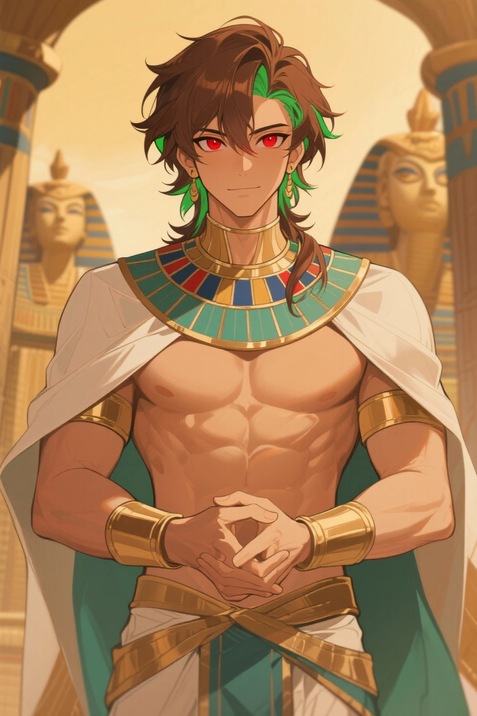 handsome man, short hair, dark green hair, green eyes, smile, cheerful, arabian, Middle East, mesir clothes, vibrant, big smile, kind, headshot, ancient egypt, Deity, ((Egyptian Style)), Gold Ornaments, Bandages, Pharaoh, White Robe, Gold Scat in Hand, Pectoral Muscles, Loincloth, half body, muscle, Firaun, half body, upper body