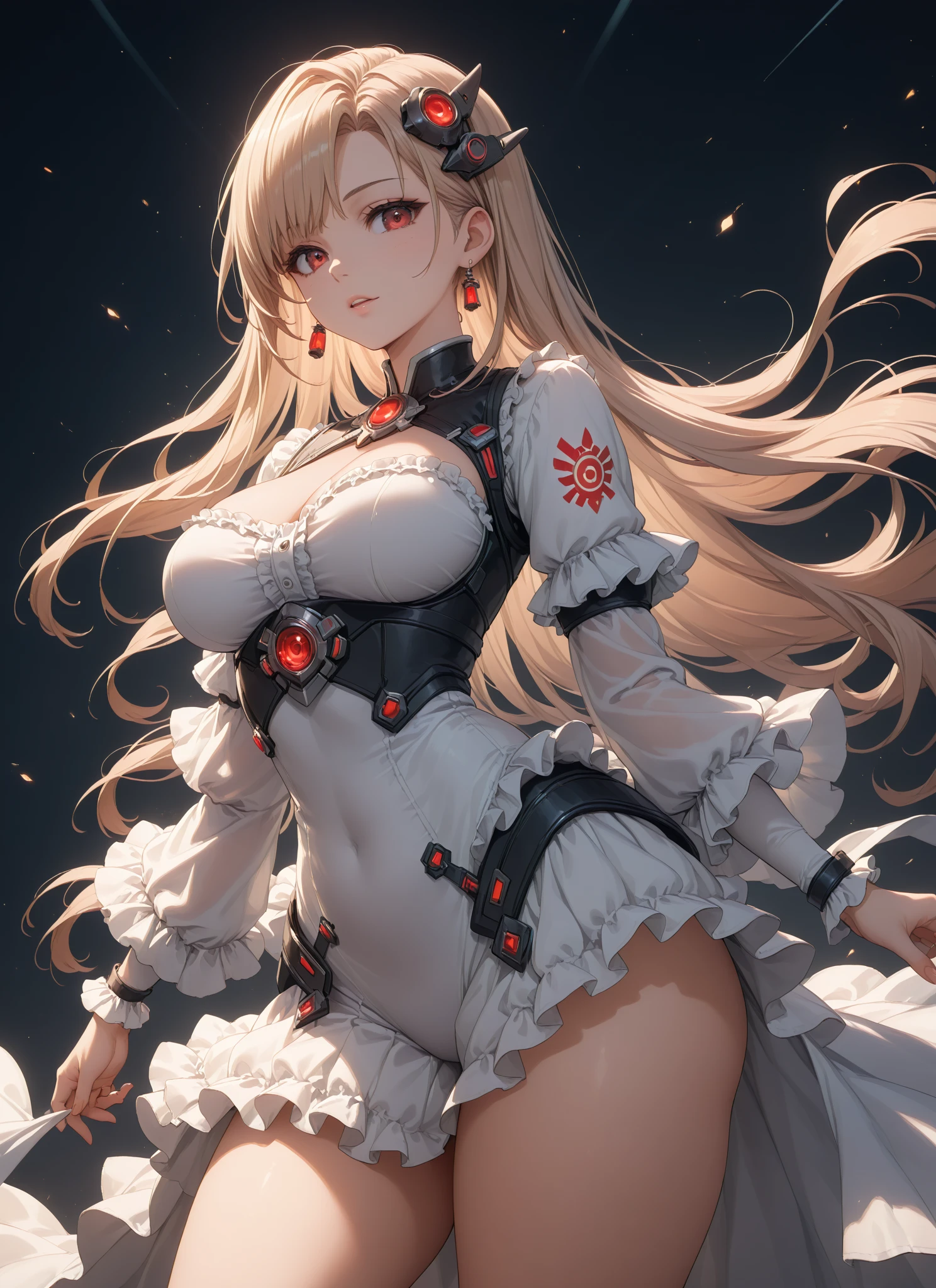((((Obra maestra, La mejor calidad, ultrahigh resolution)))), 1girl, standing, (cute maid costume), ((long pure silver hair and grey mesh hair, hair over eye)), long hair cut, pale skin, ((red eyes)), glowing_eyes, neon eyes, (ultra detailed eyes:0.7, beautiful and detailed face, detailed eyes:0.9), ((centered)), smile, ((wide shot)), facing viewer, ((vibrant background, bright lighting, summer, sunlight)), flat chested, looking at viewer, ((half closed eyes)), ((perfect hands)), (((head:1, arms, hips in view, elbows, arms, legs, in view))), ((hands behind back)), empty eyes, beautiful lighting, ((outside, outdoors)), defined subject, head tilt, (((gritty)), ((creepy)), ((cool)), ((beautiful)), (((SFW)))