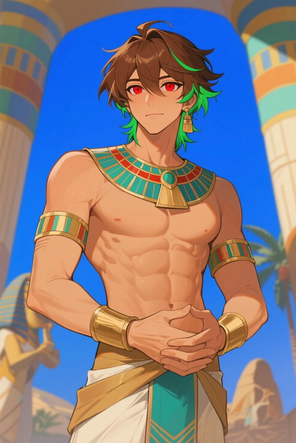 Ojos violetas masculinos masculinos definidos , mongrel violet hair ager 15 years shirtless skin broced clothes of ancient Egypt egyptian palaces in the background