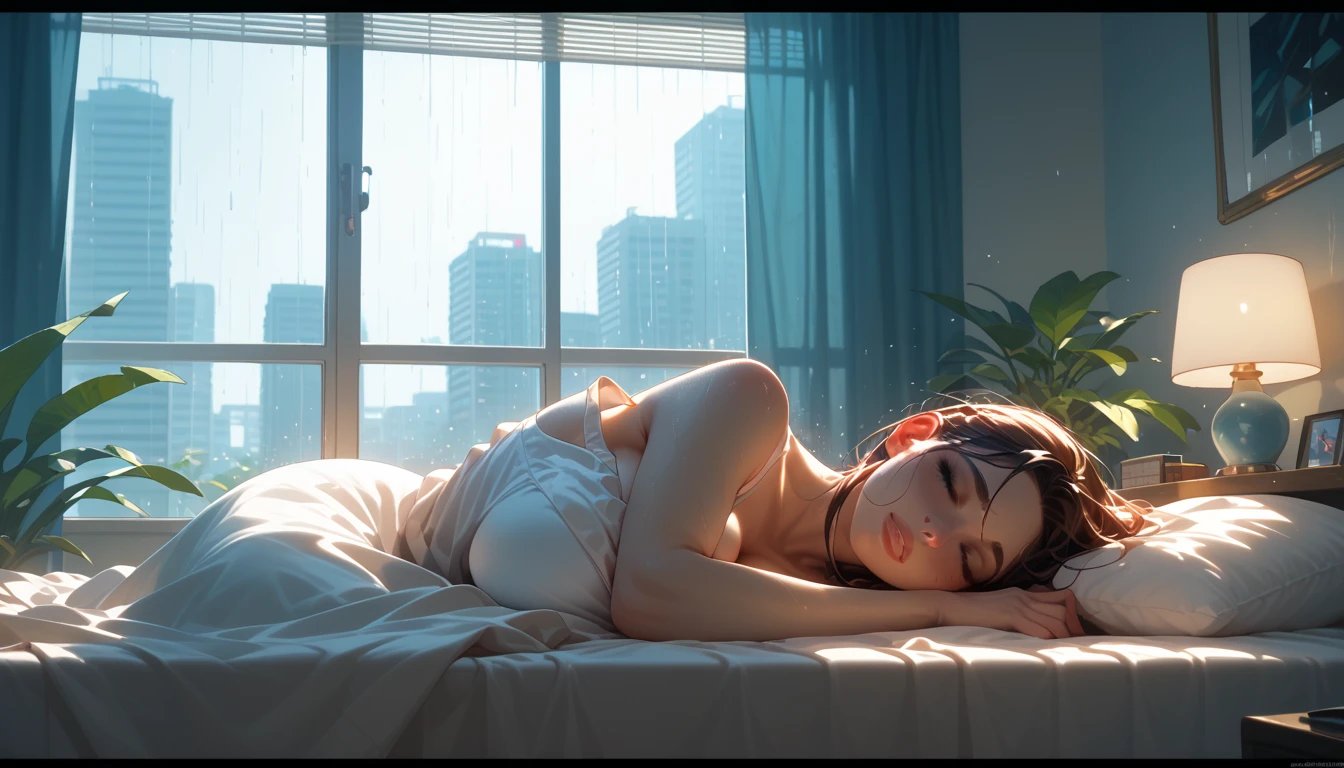 "Anime style illustration of a young woman sleeping next to a window on a rainy night. view from outside. The girl has dark hair and is lying on her arms crossed on the windowsill. an electronic device (tablet o e-reader) is at your side. Raindrops fall intensely, creating a visual pattern in the foreground. The reflection of the city lights is seen in the wet window. Predominant tones: dark blues for the night, warm amber tones for interior lighting. Smooth and atmospheric animation style, similar to the pictures of Makoto Shinkai. Focus on the details of the rain, reflections and texture of glass. The general atmosphere is melancholic and contemplative. Title 'The Soul of Rain' visible in the upper right corner.