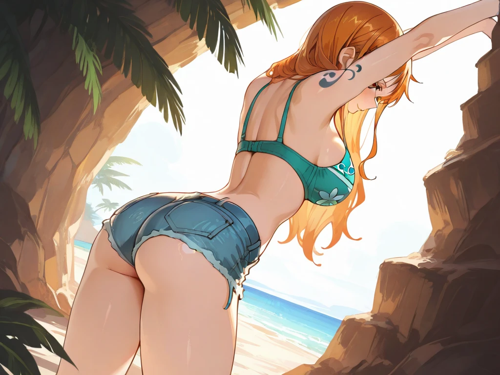 (((masterpiece))),(((High resolution)))、(((8K quality)))、32-year-old woman、(((mature female))), (((milf))), (((tareme))), Best Bust、large breasts, Beautiful Eyes、orange hair、moss green eyes、Red lips, ((pony tail)), (drill hair), ((forehead)), Very cute face, Glossy Lips, Double eyelids on both eyes,Natural smile、Tight waist、Sexy ass、Natural Makeup, Long eyelashes, Shiny and smooth hair、whole body、Brazilian bikini, back shot, On all fours、Ass Focus, stick out butt, cameltoe、Beautiful blue sea、