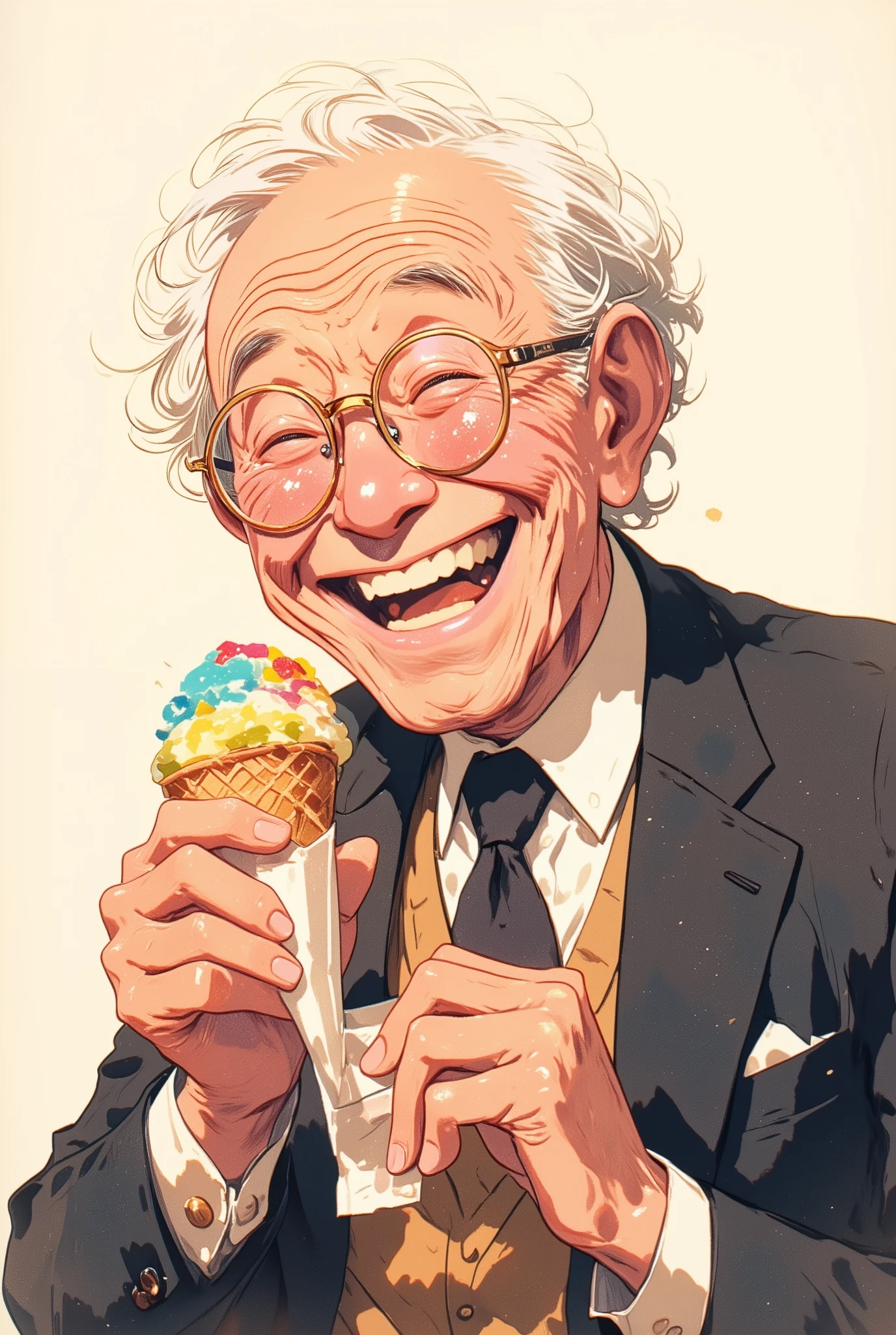 a cheerful elderly man with visible wrinkles and fluffy white eyebrows, wearing a formal dark suit and tie, holding a brightly colored ice cream cone with both hands and smiling with joy, his cheeks slightly puffed out as he takes a big bite, eyes sparkling behind small round glasses, a napkin tucked into his collar, illustrated in a picture book style with thick lineart, soft watercolor textures, gentle color bleeding, and a warm paper texture, calm and heartwarming atmosphere, illustration style, bust-up view