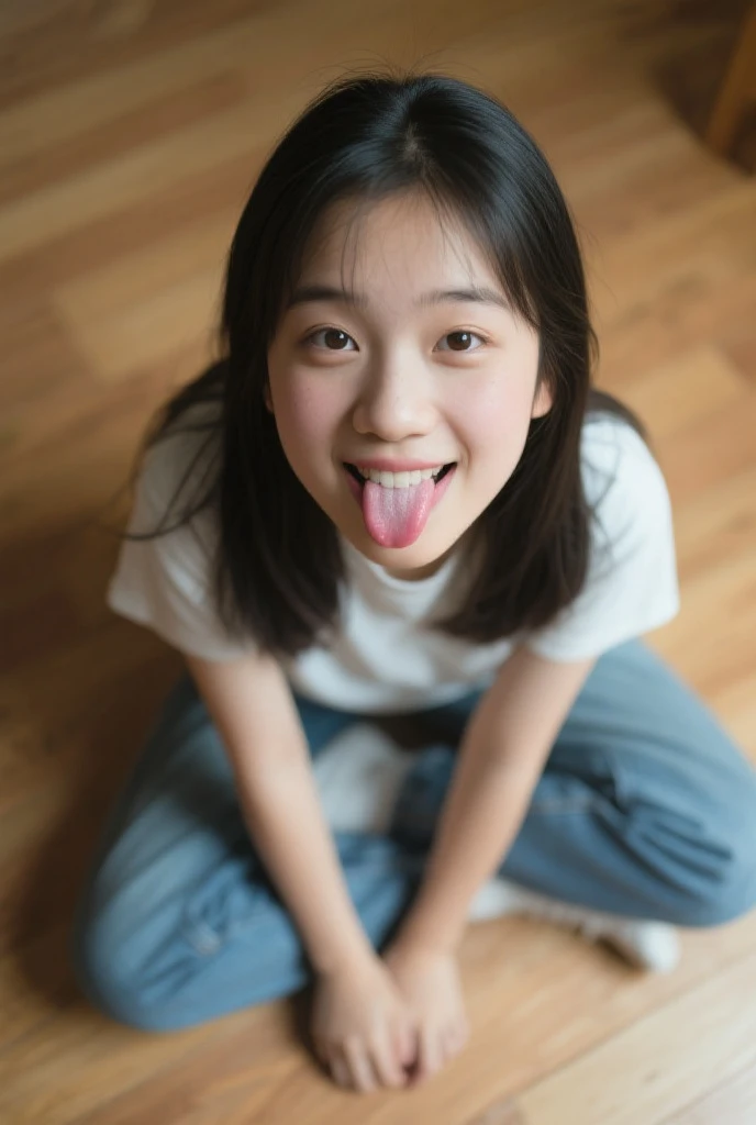 Korean,5 years old,,woman,Show only the face,Eyes wide open, a scary smile,Open your mouth and eyes wide,stick your long tongue out of your mouth