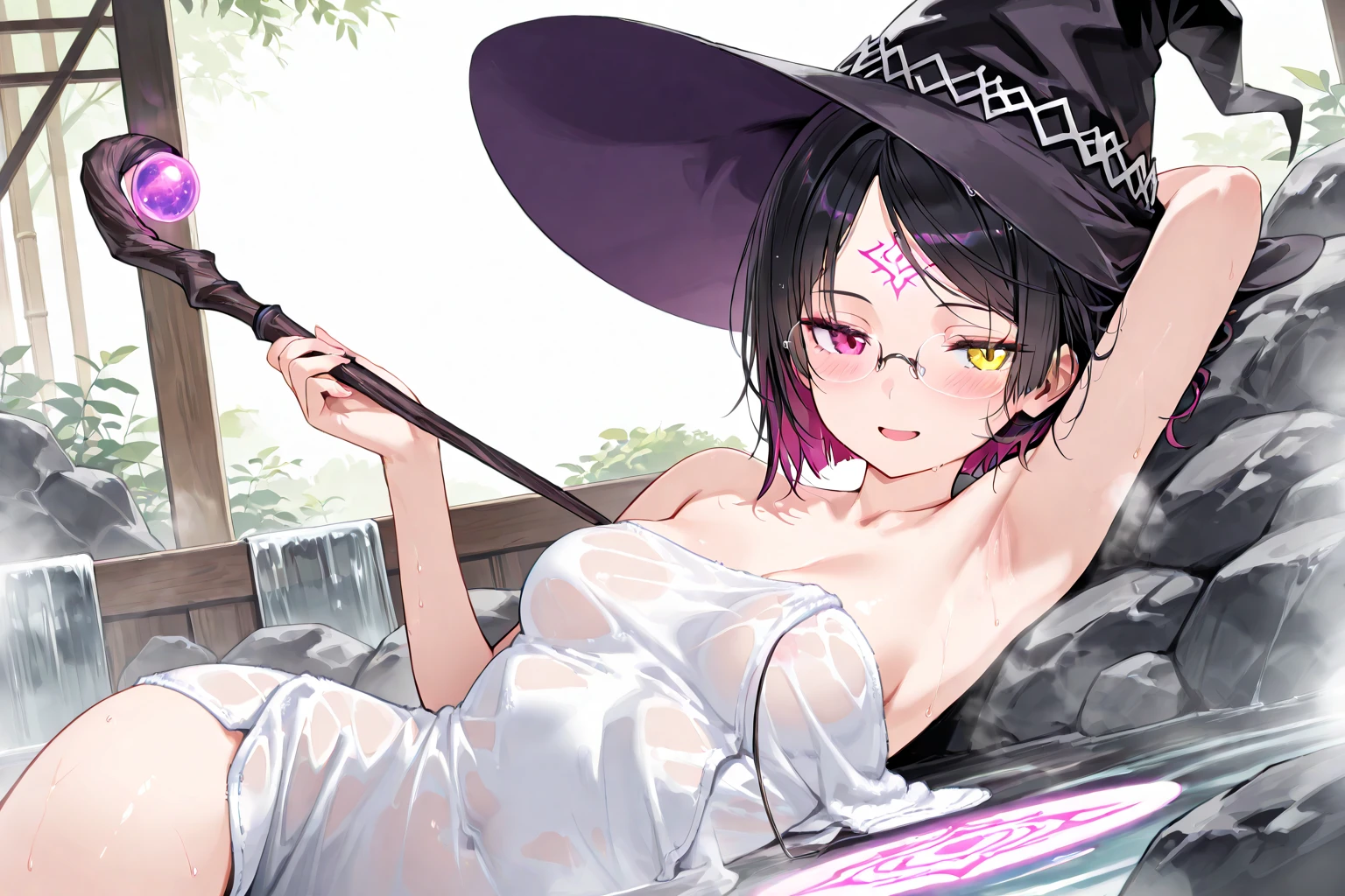 深夜の東京の公園のベンチでグラビアポーズをしているnakedのOL、She has a short bob with a dark lob of hair and wears a large black witch hat with sapphire jewelry.、A few star creams、Beautiful starry sky、Beautiful night view、large and black witch's hat 、Small breasts、Small breasts、全naked、naked、Masturbation、Masturbation、I can see her breasts, navel, vagina, clitoris and labia majora.、一糸纏わぬnaked体、M-shaped legs、Spreading her pussy with her fingers、Open up、R18 Illustration、I can see her breasts, navel, vagina, clitoris and labia majora.